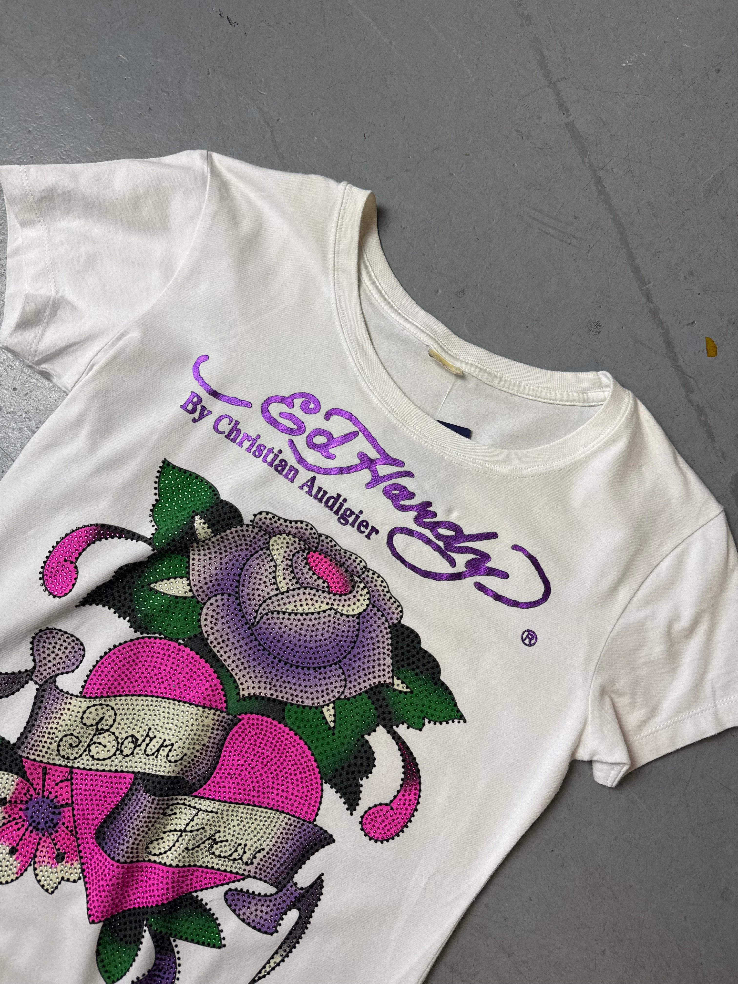 Vintage Ed Hardy White T-Shirt with Rhinestone Roses M