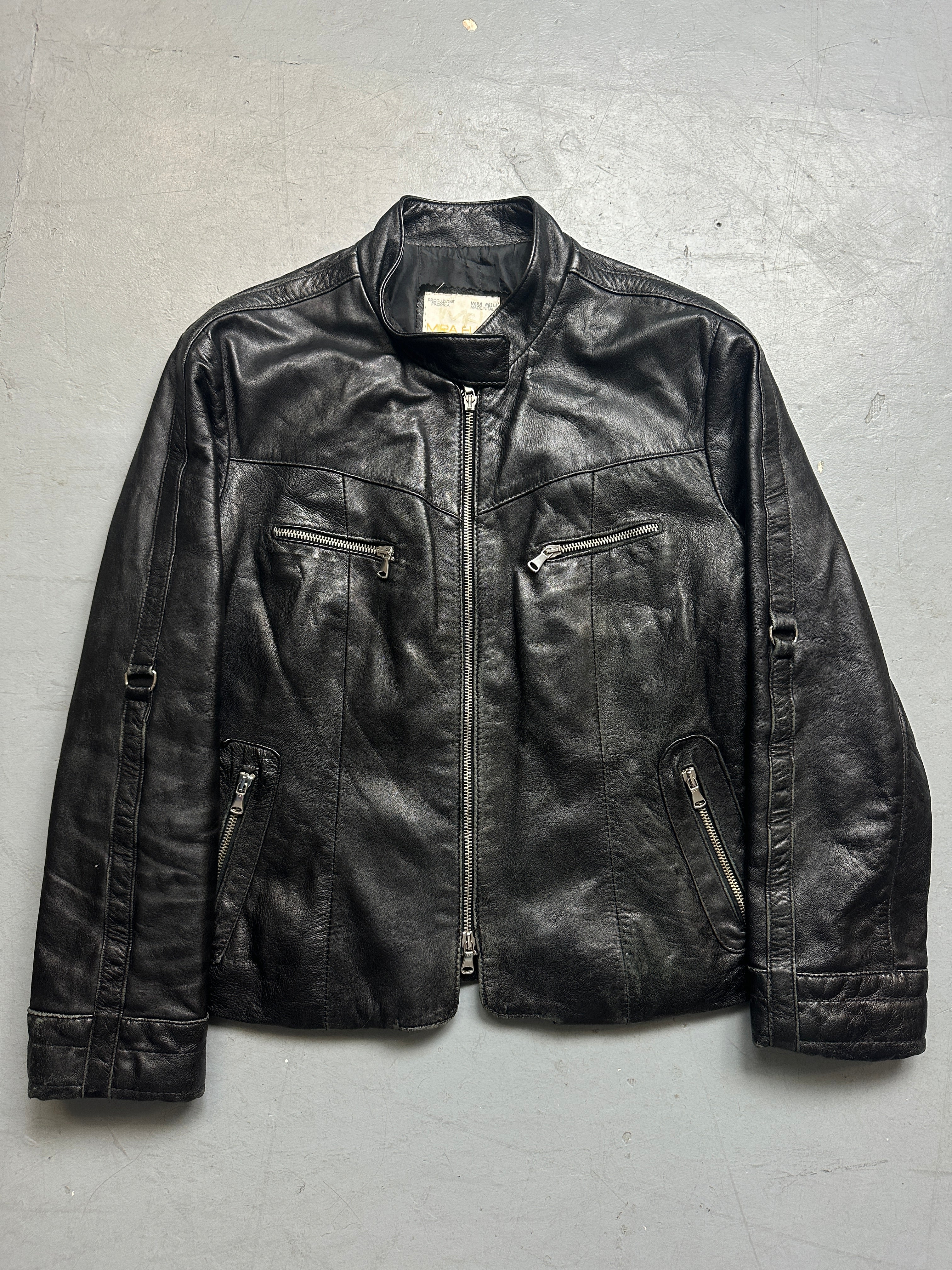 Vintage Black Italian Strap Detail Leather Jacket for men. Y2K Second Hand 2000s Fashion 