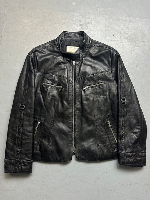 Vintage Black Italian Strap Detail Leather Jacket for men. Y2K Second Hand 2000s Fashion 