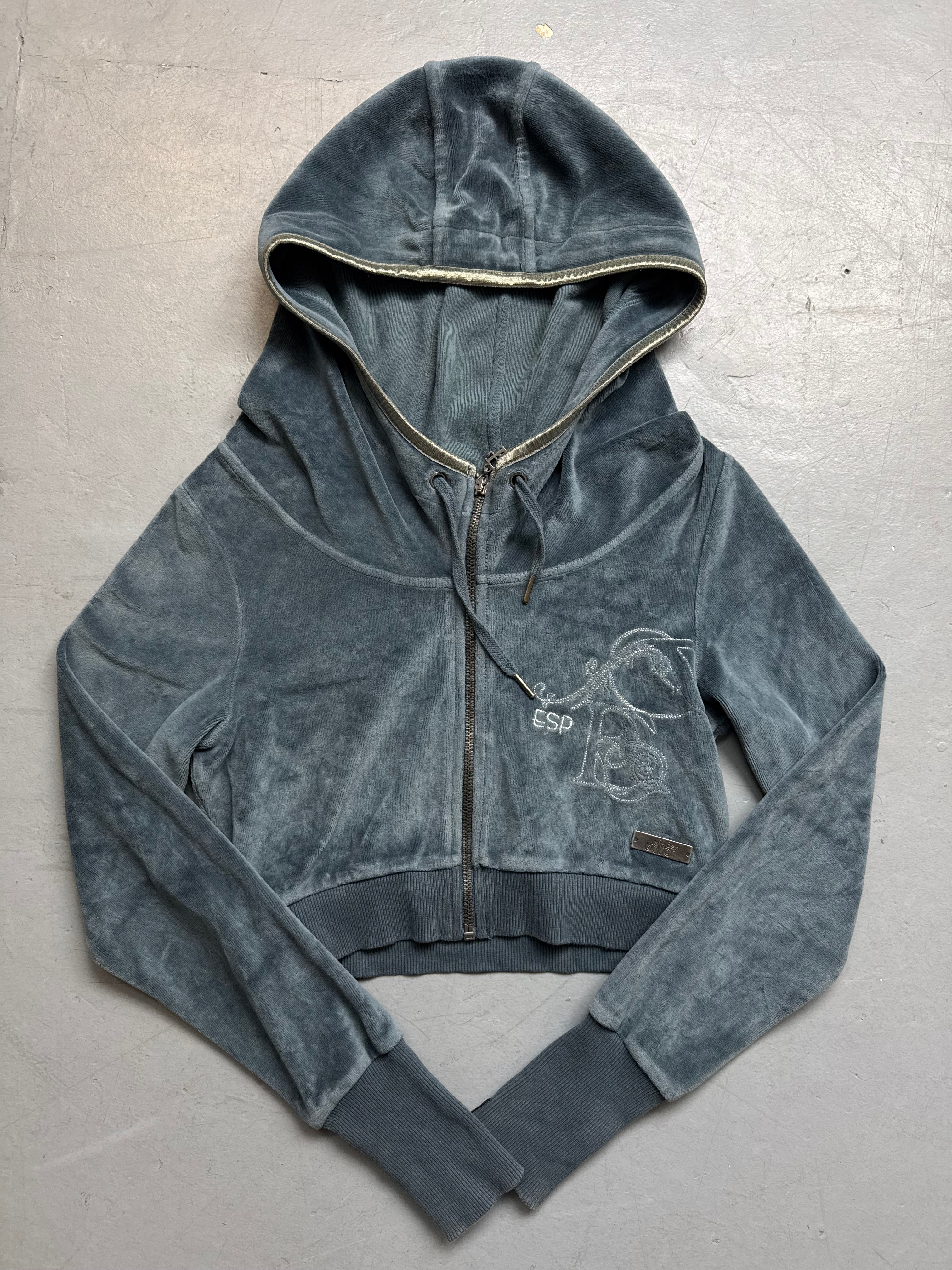 Vintage Petrol Super Cropped Zip Hoodie für Frauen. Y2K Second Hand 2000s Fashion