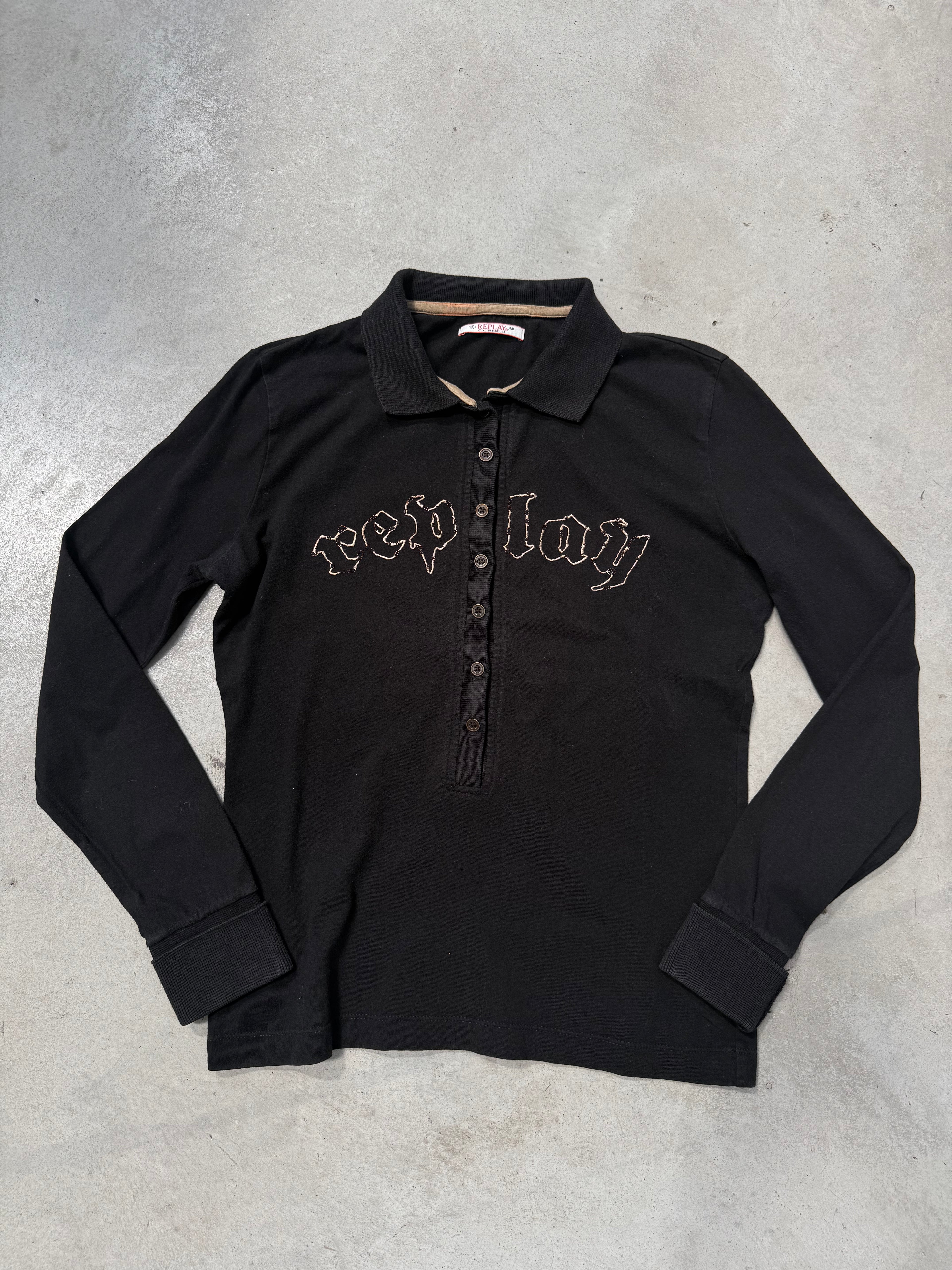 Vintage Replay Black Button Up Longsleeve für Damen Y2K Second Hand Fashion
