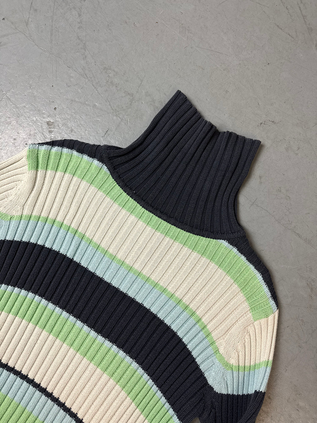 Vintage Blue and Green Striped Turtleneck Knit Sweater L