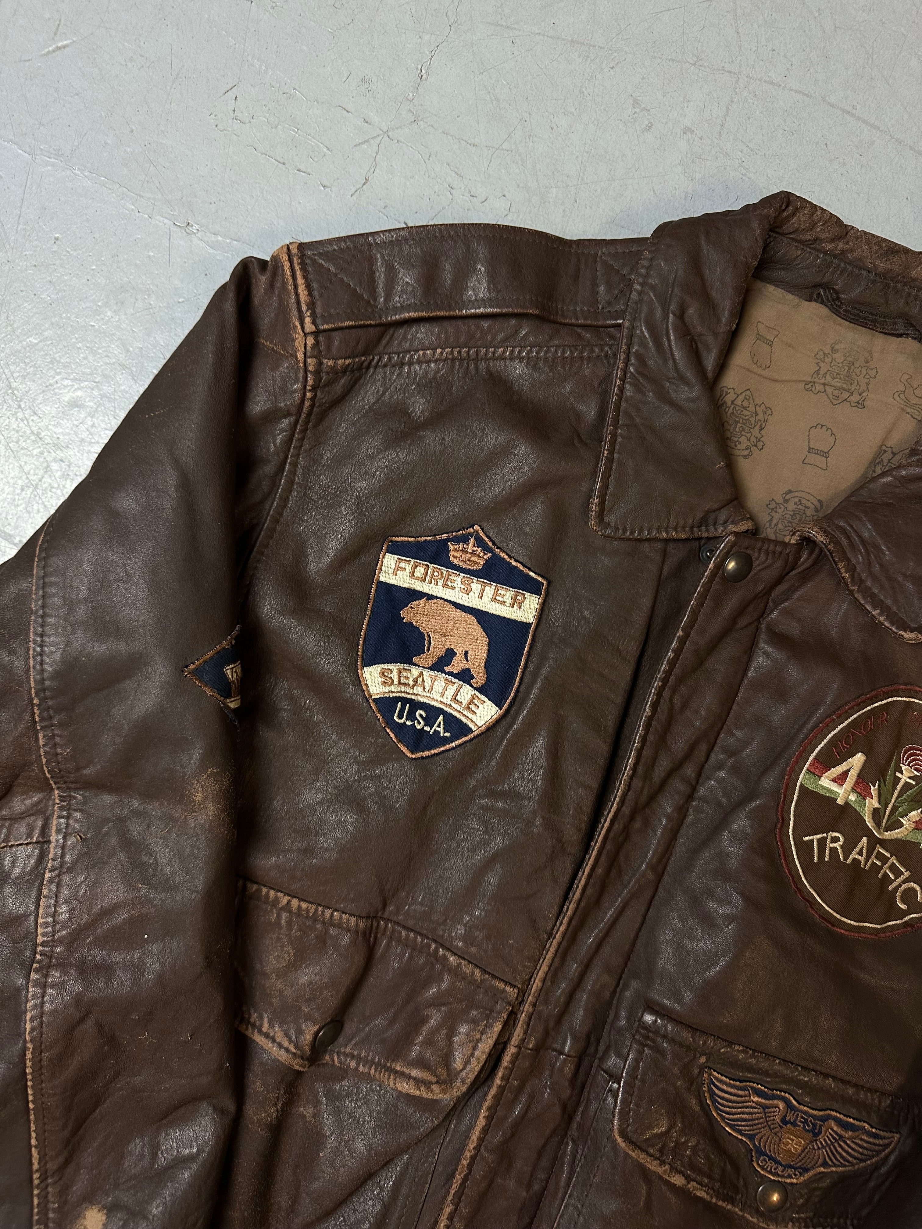 Vintage Brown Real Leather Jacket with Patches M