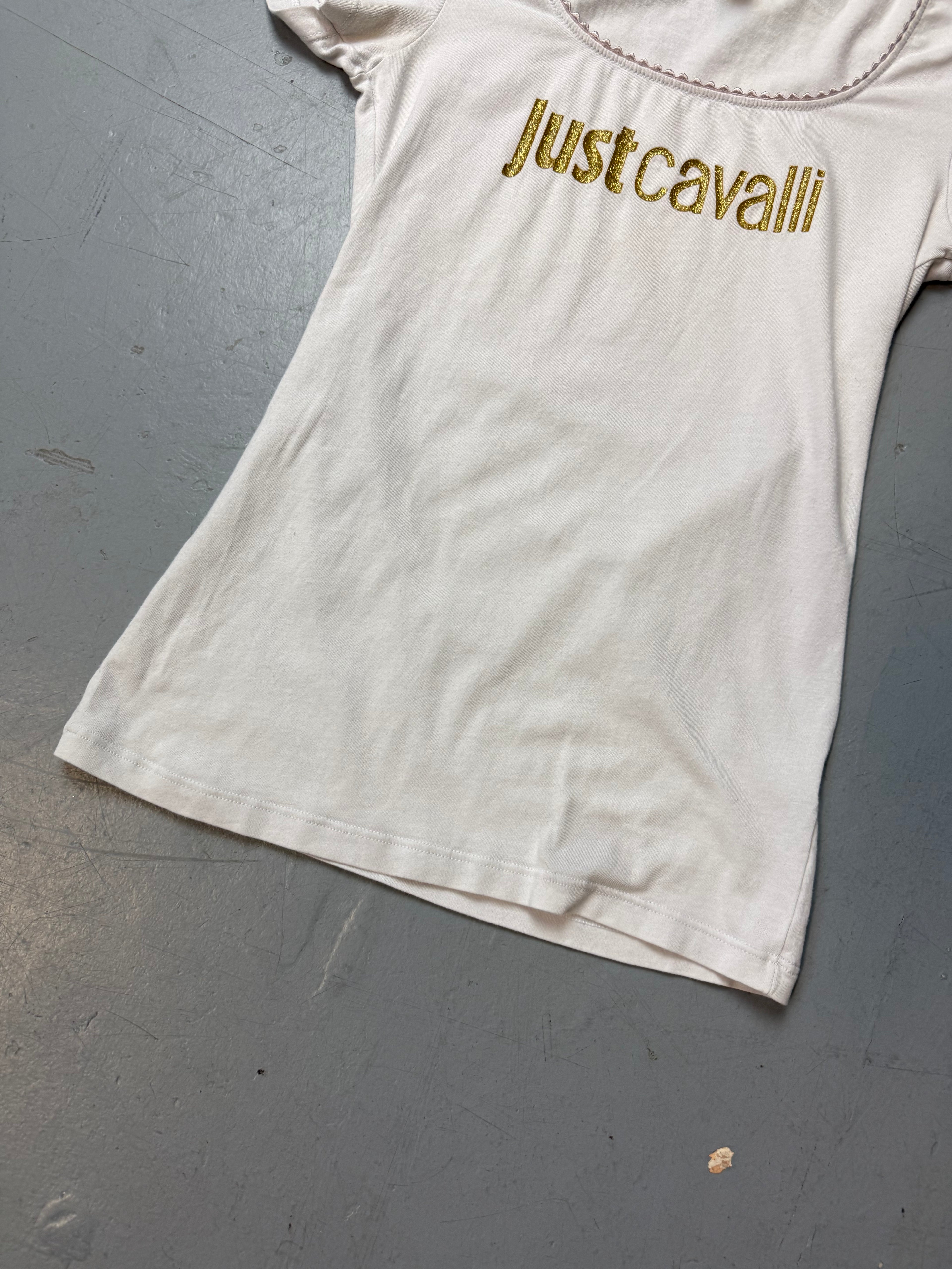 Vintage Just Cavalli White T-Shirt with Gold Glitter Logo Print S