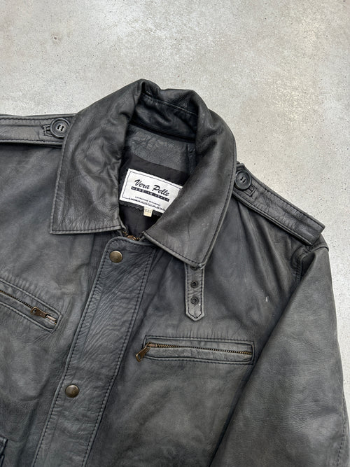 Vintage Grey Italian Leather Jacket Für Männer. Y2K Second Hand 2000s Fashion 