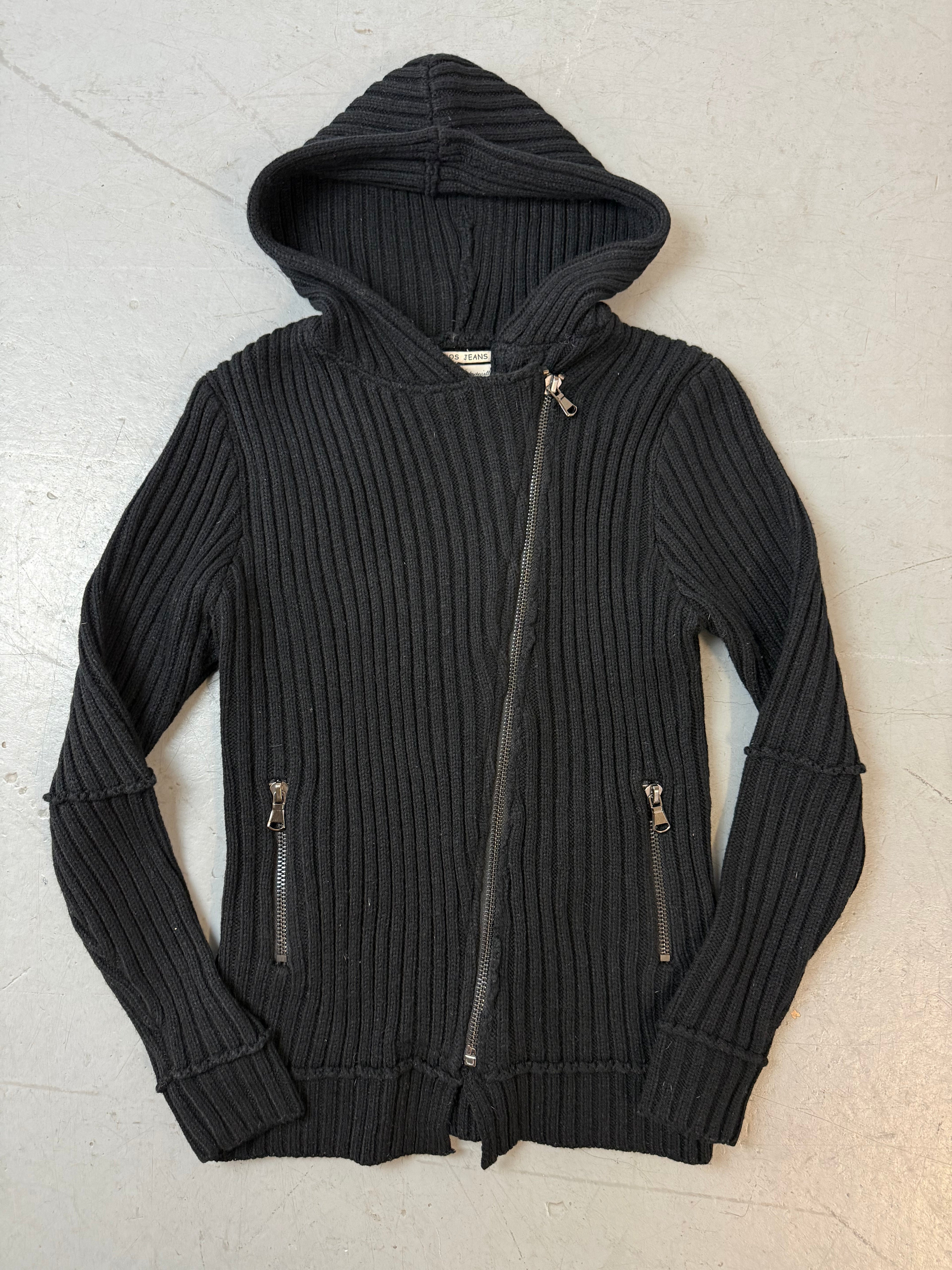 Vintage Enos Jeans Black Knit Zip Jacket für Damen. Y2K Second Hand 2000s Fashion