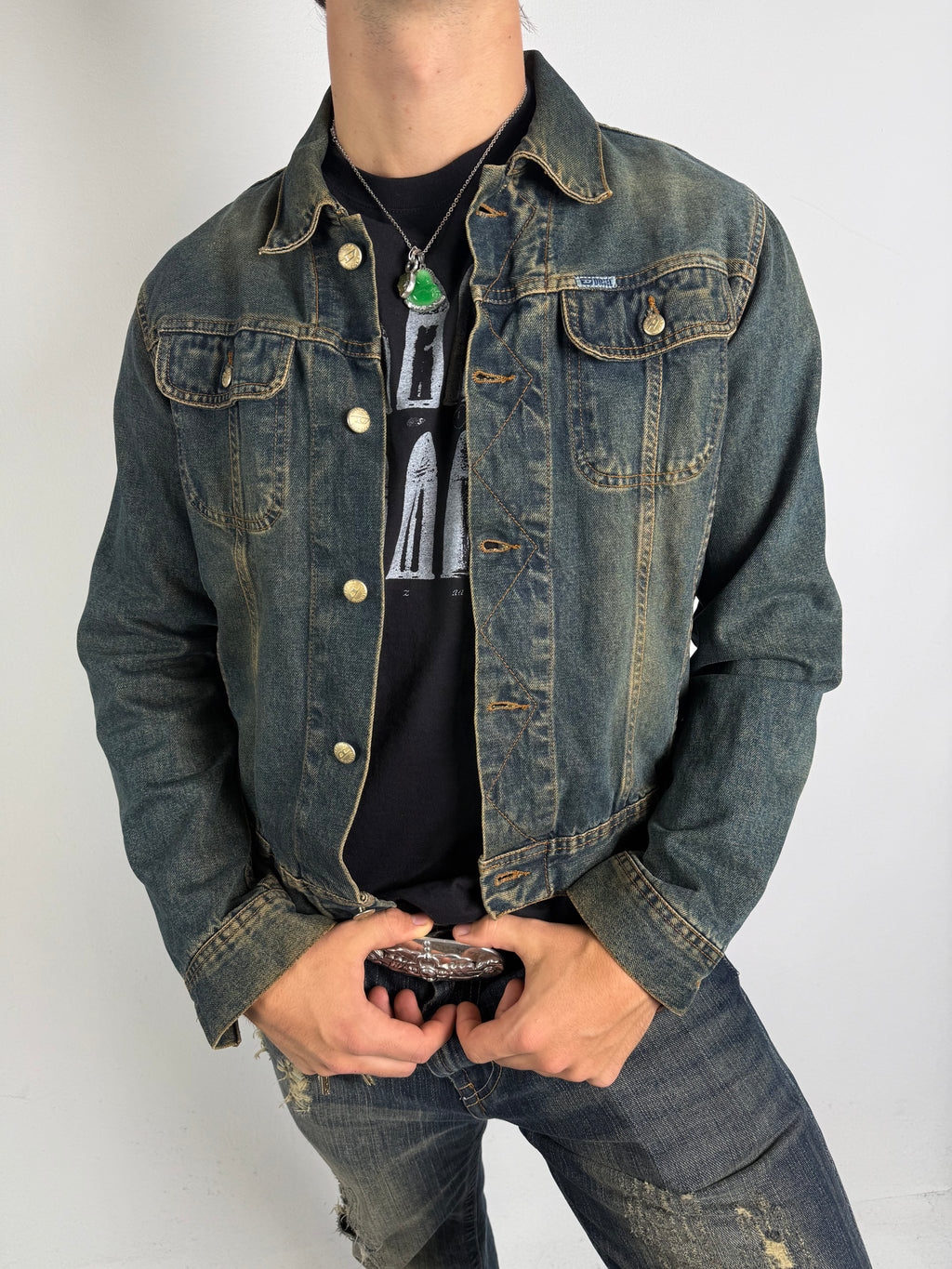 Tragebild von Vintage Diesel Green/Blue Washed Denim Jacket M von vorne