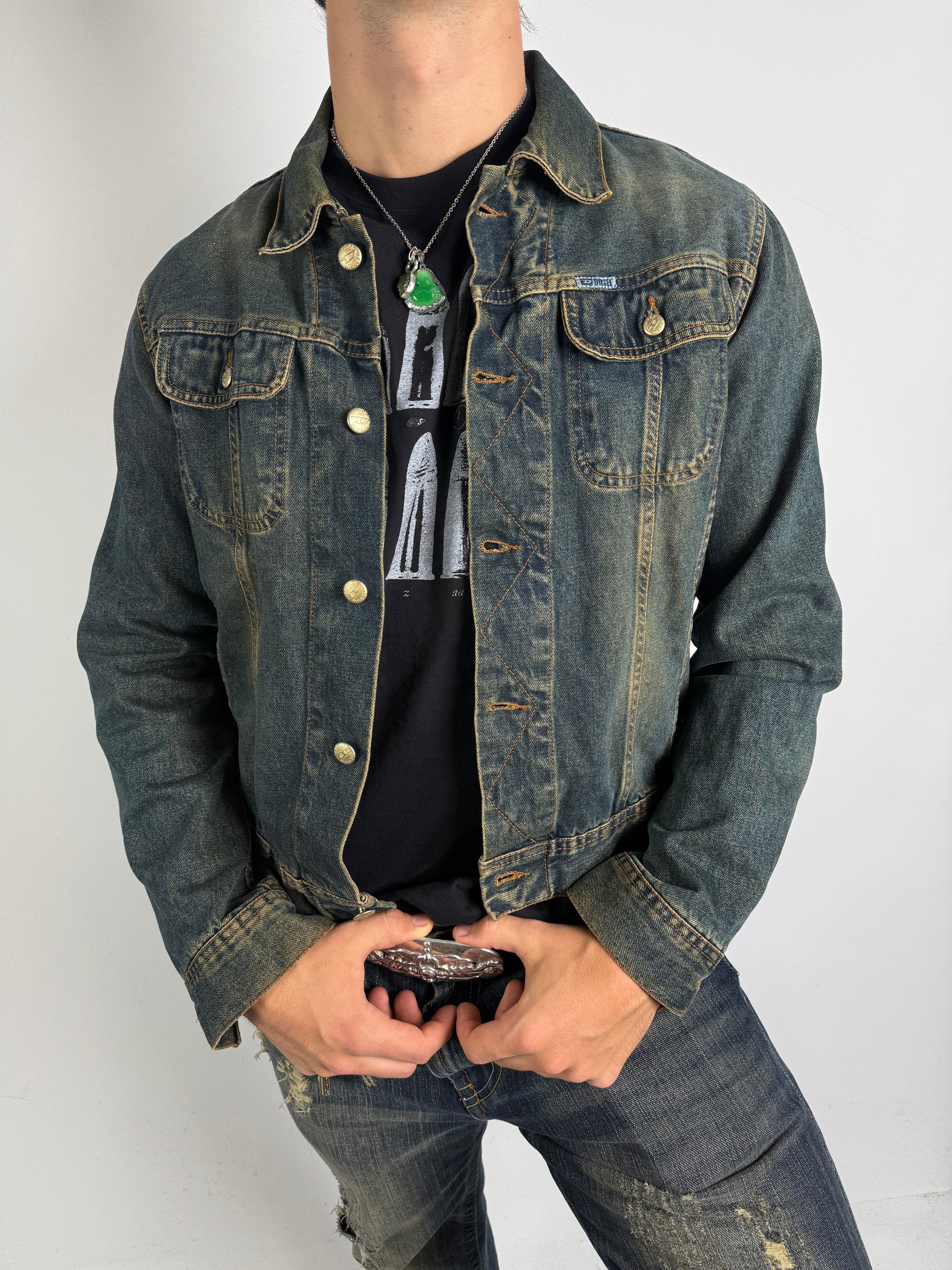 Tragebild von Vintage Diesel Green/Blue Washed Denim Jacket M von vorne