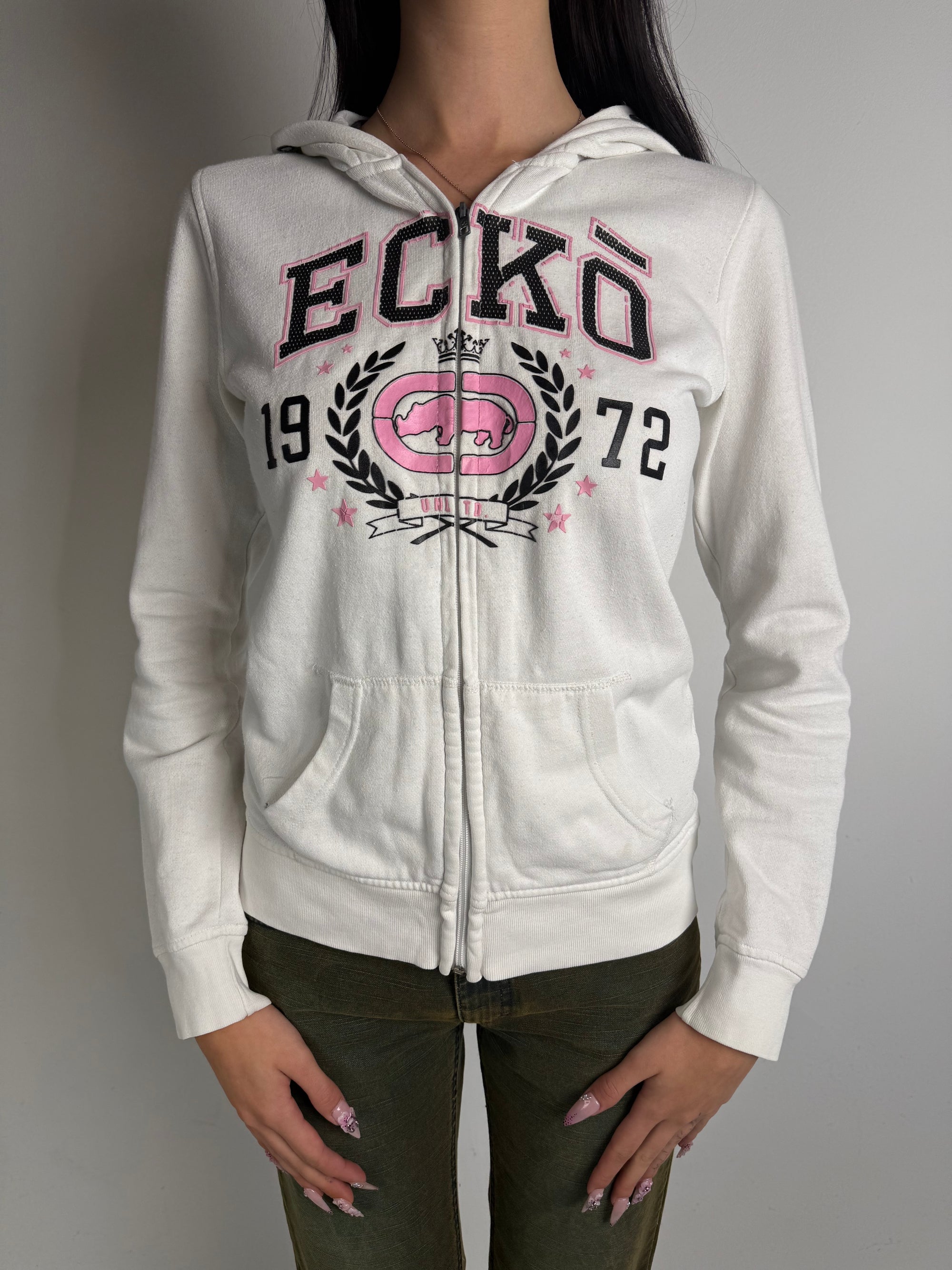 Tragebild Vintage Ecko Unltd. White and Pink Zip Up Hoodie von vorne