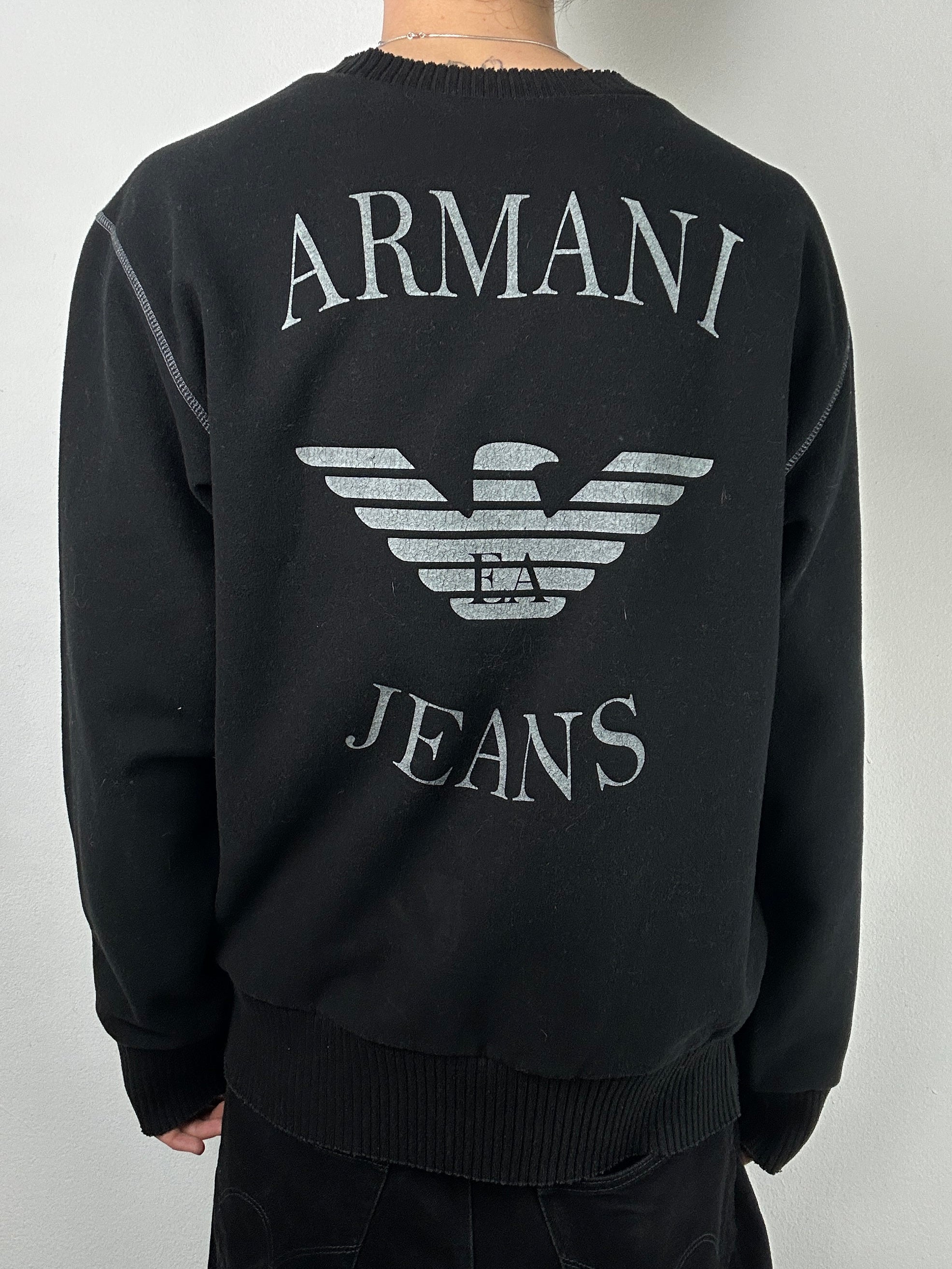 Vintage Armani Jeans Black Sweater with Backprint für Männer. Y2K Secondhand 2000s Fashion