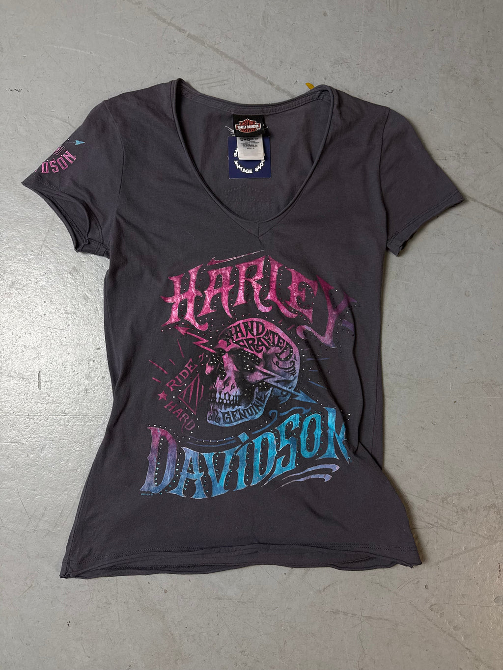 Vintage Harley Davidson Grey T-Shirt with Rhinestones S