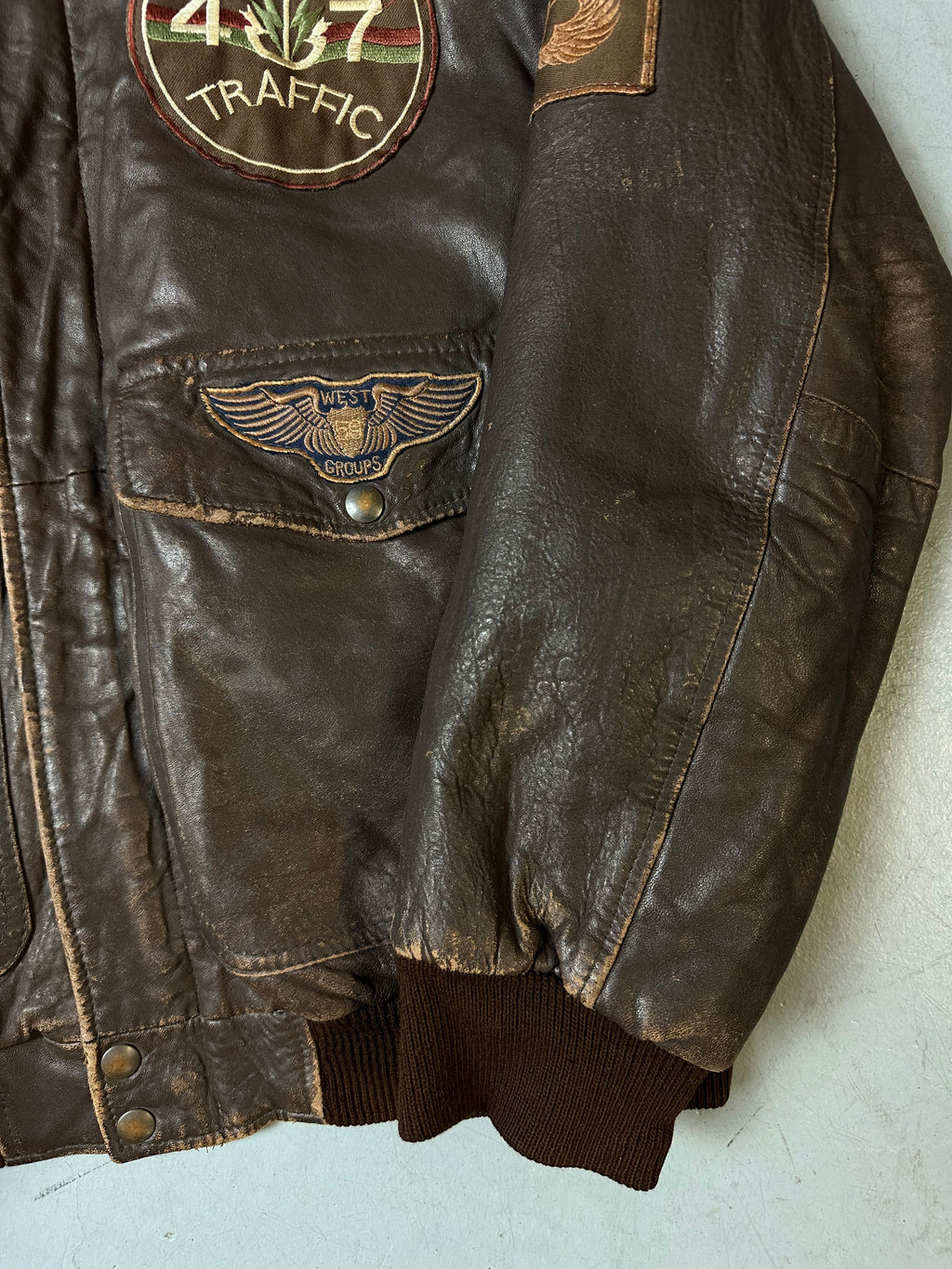 Vintage Brown Real Leather Jacket with Patches M