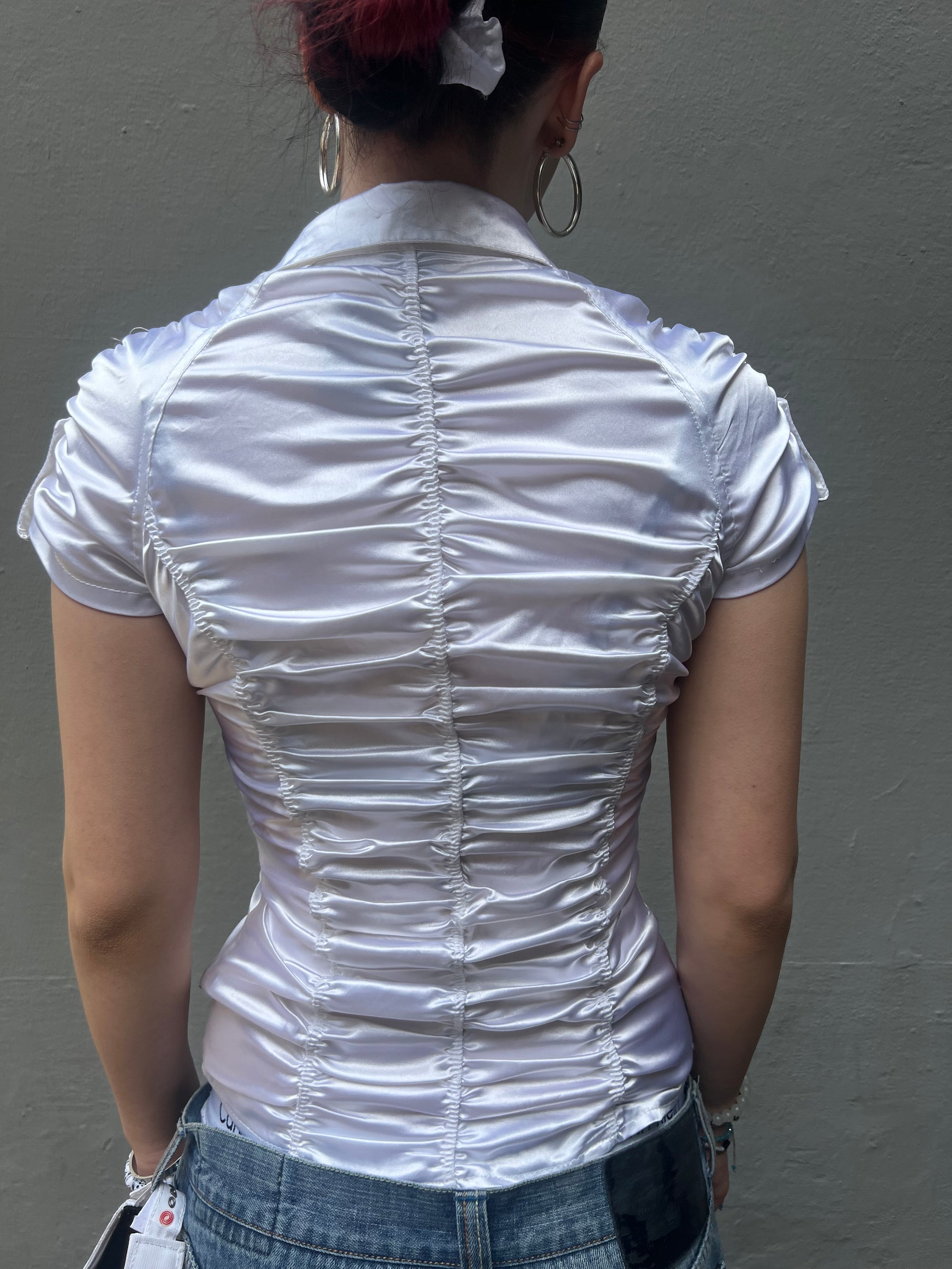 Vintage White Satin Ruffle Top S