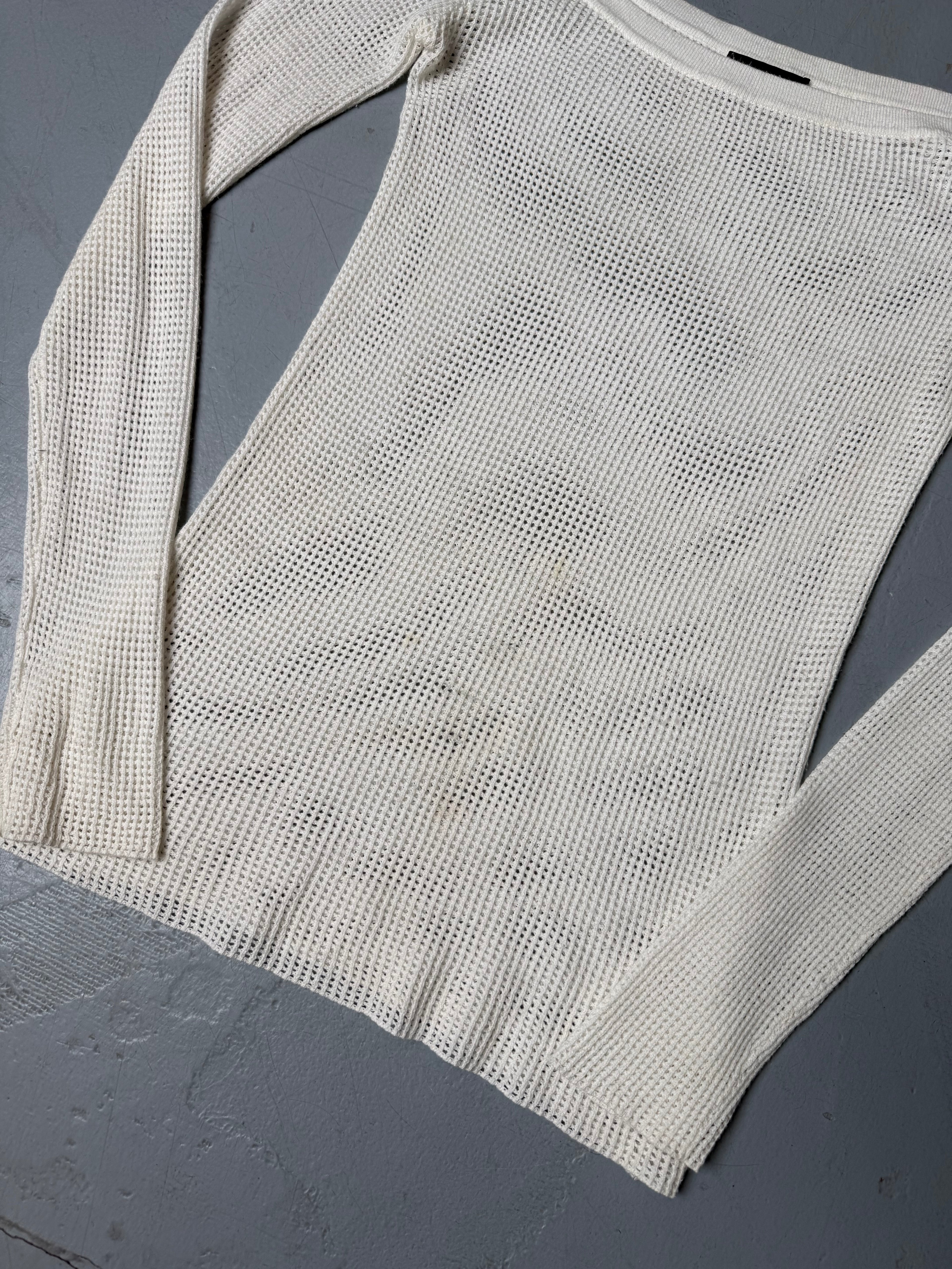 Vintage Liu Jo White Fishnet Offshoulder Longsleeve für Damen. Y2K Second Hand 2000s Fashion