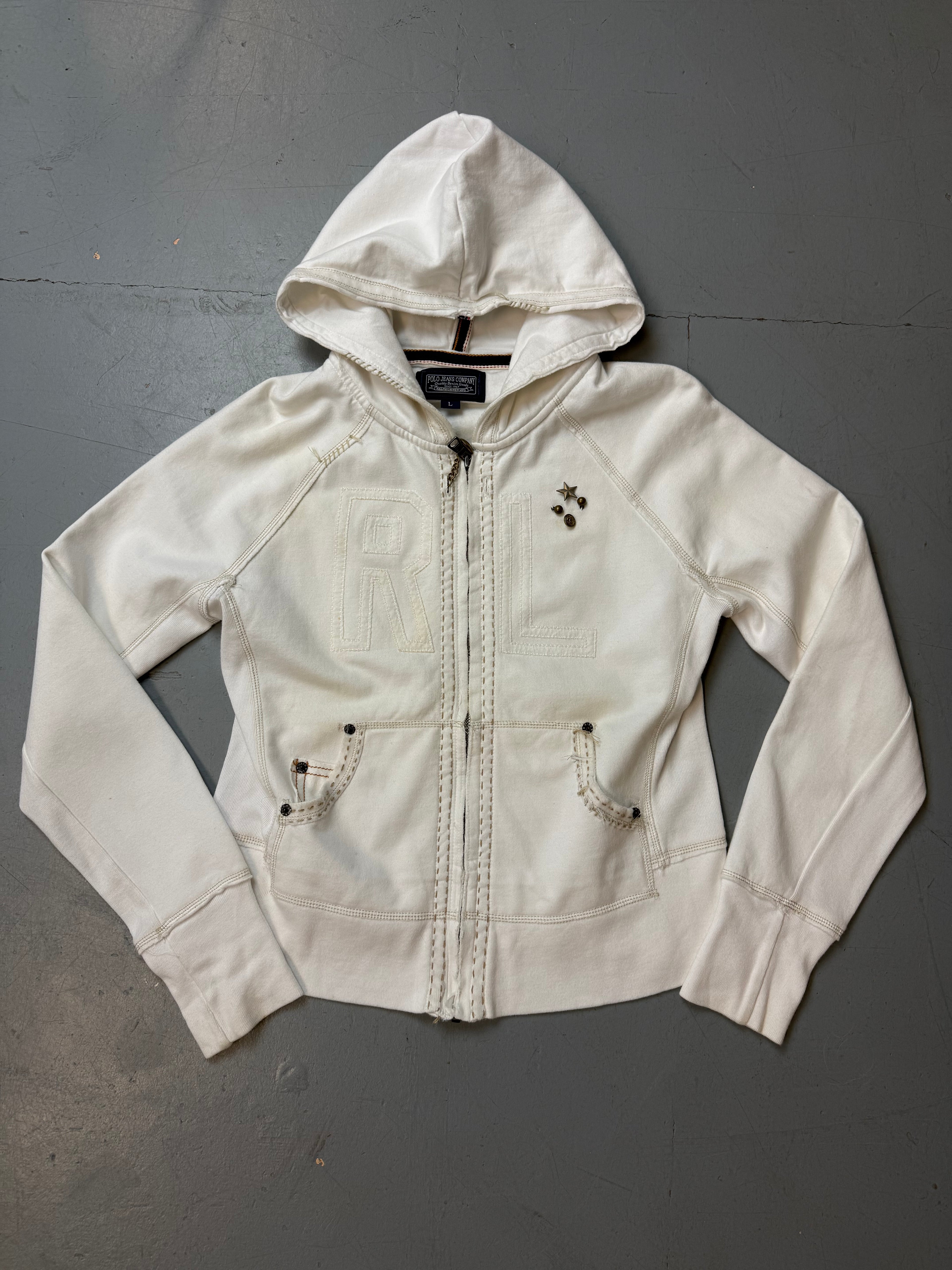 Vintage Polo Ralph Lauren White Hooded Zip Jacket für Damen. Y2K Second Hand 2000s Fashion