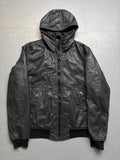 Vintage Black Strellson Hooded Leather Jacket für Herren. Y2K Second Hand 2000s Fashion