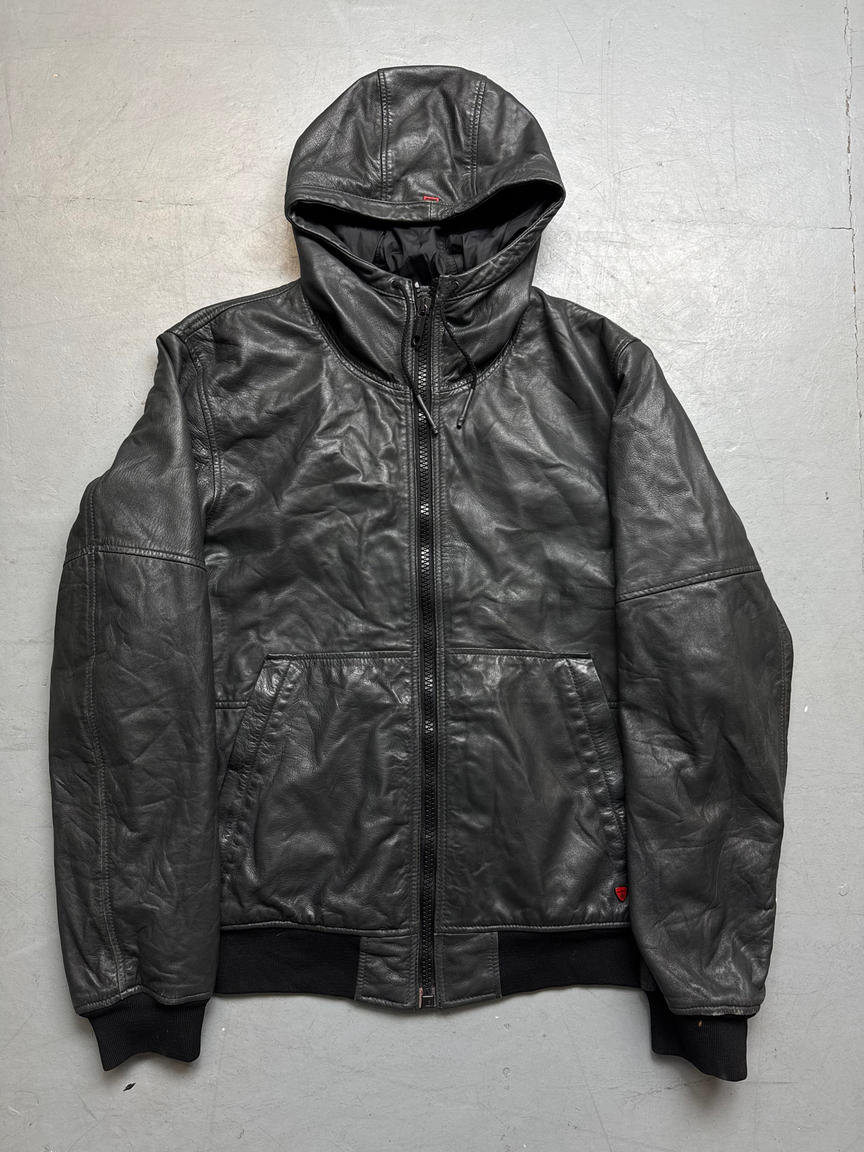 Vintage Black Strellson Hooded Leather Jacket für Herren. Y2K Second Hand 2000s Fashion