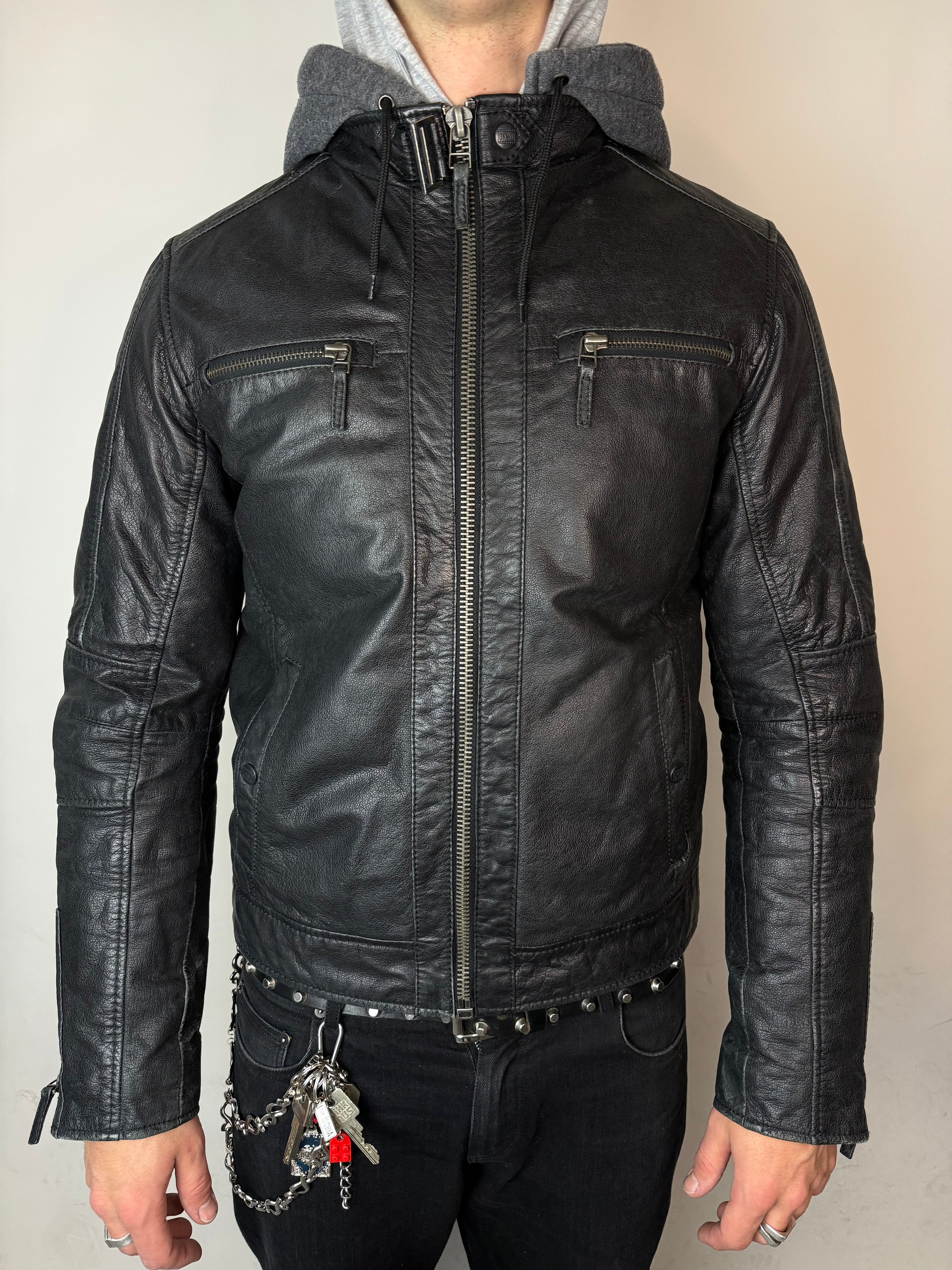 Vintage Oakwood Black Hooded Leather Jacket M