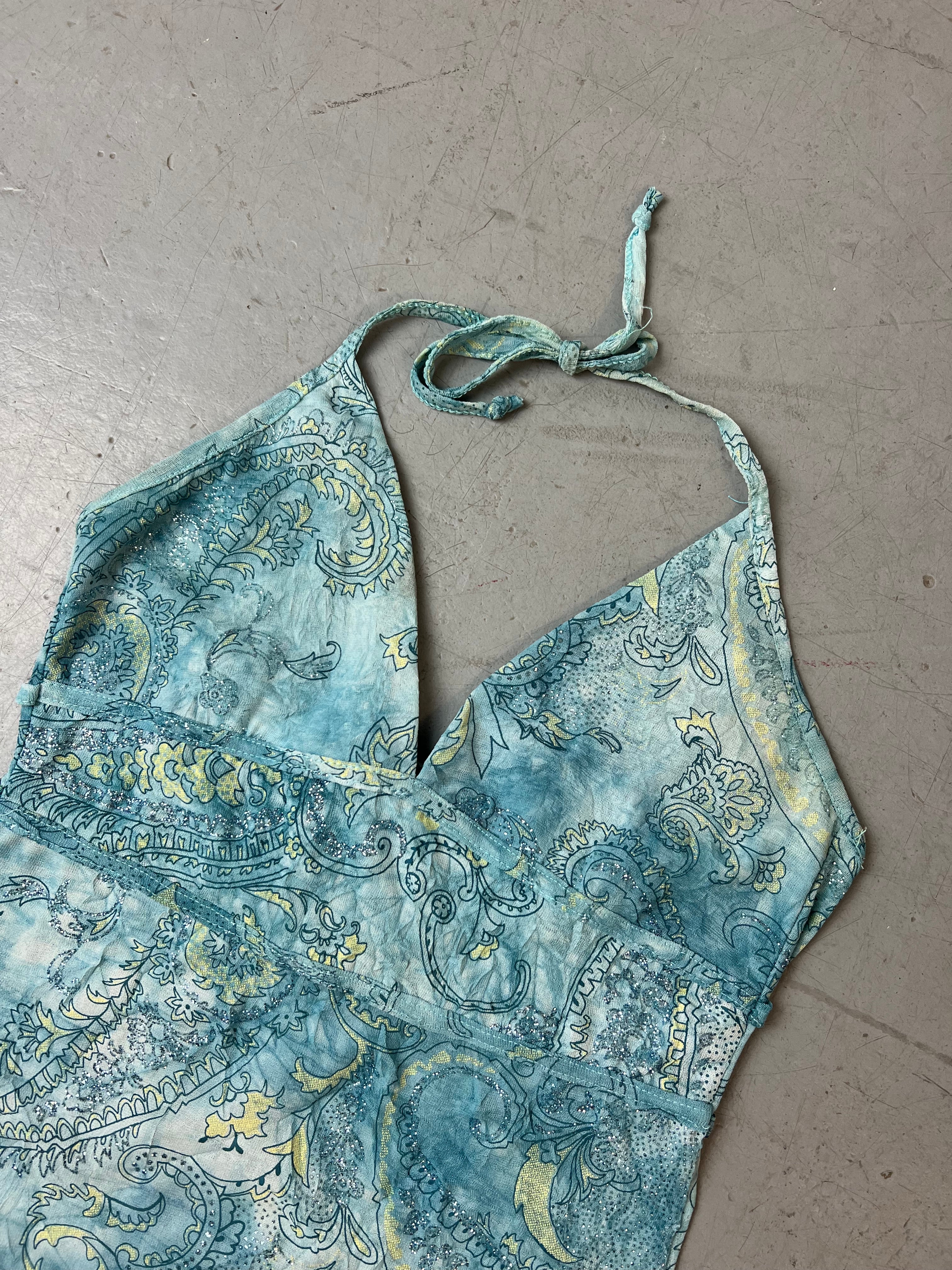 Vintage Blue Paisley Neckholder Top für Damen. Y2K Second Hand 2000s Fashion