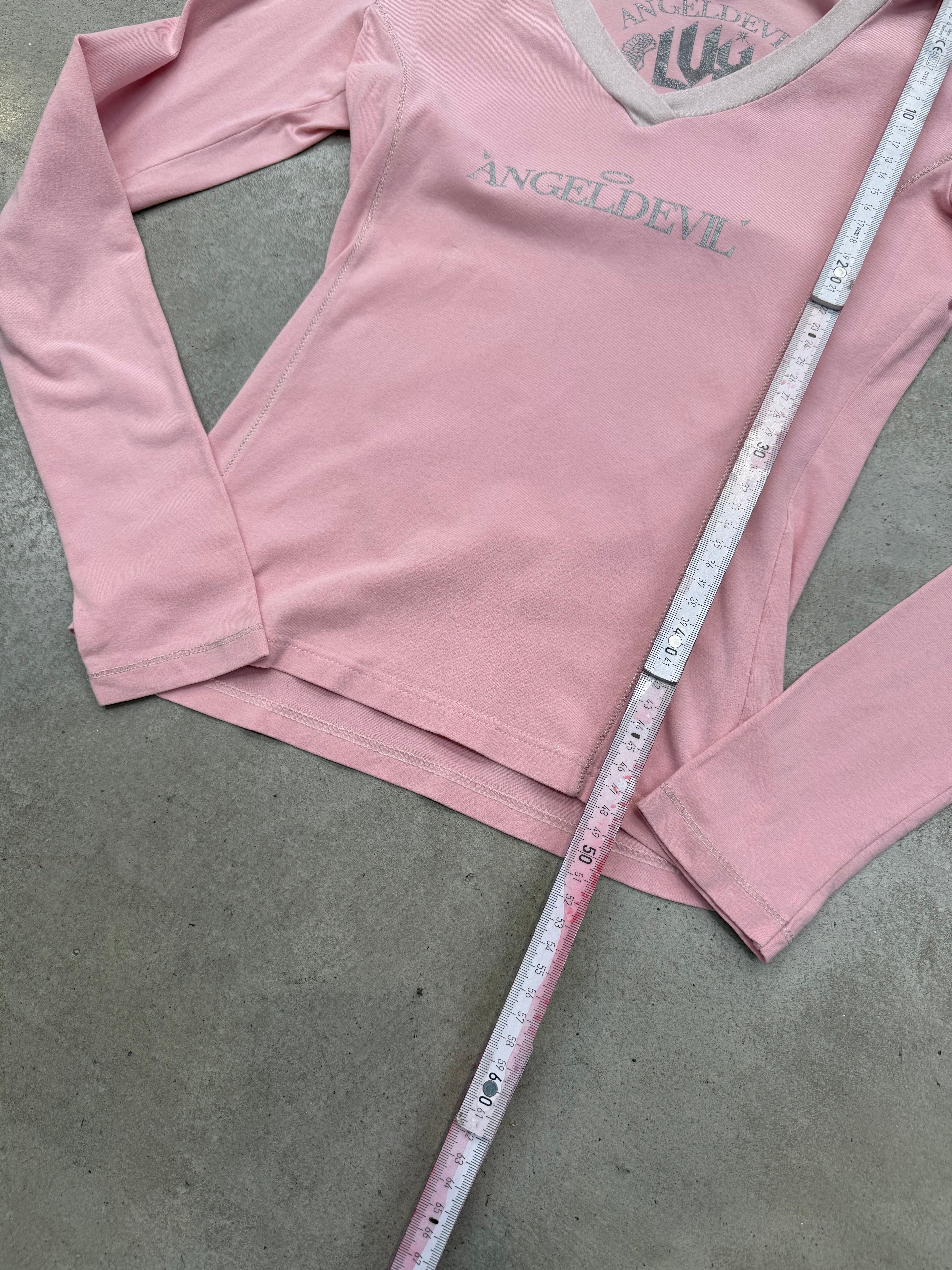 Vintage AngelDevil Pink and White Hooded Longsleeve für Herren Y2K Second Hand Fashion