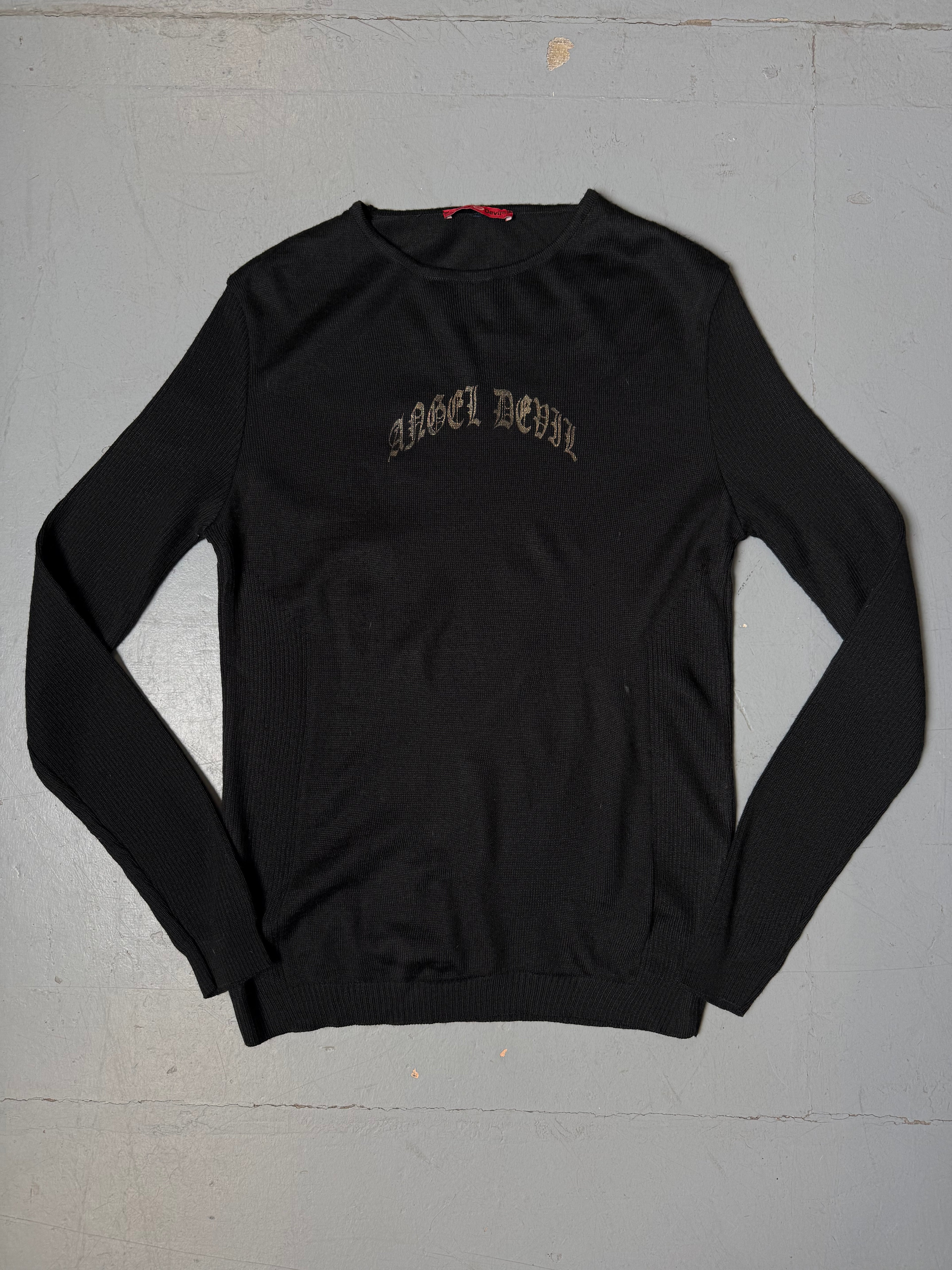 Vintage Angel Devil Black Sweater with Gold Details für Damen. Y2K Secondhand 2000s Fashion.