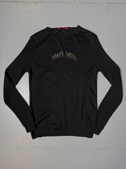 Vintage Angel Devil Black Sweater with Gold Details für Damen. Y2K Secondhand 2000s Fashion.