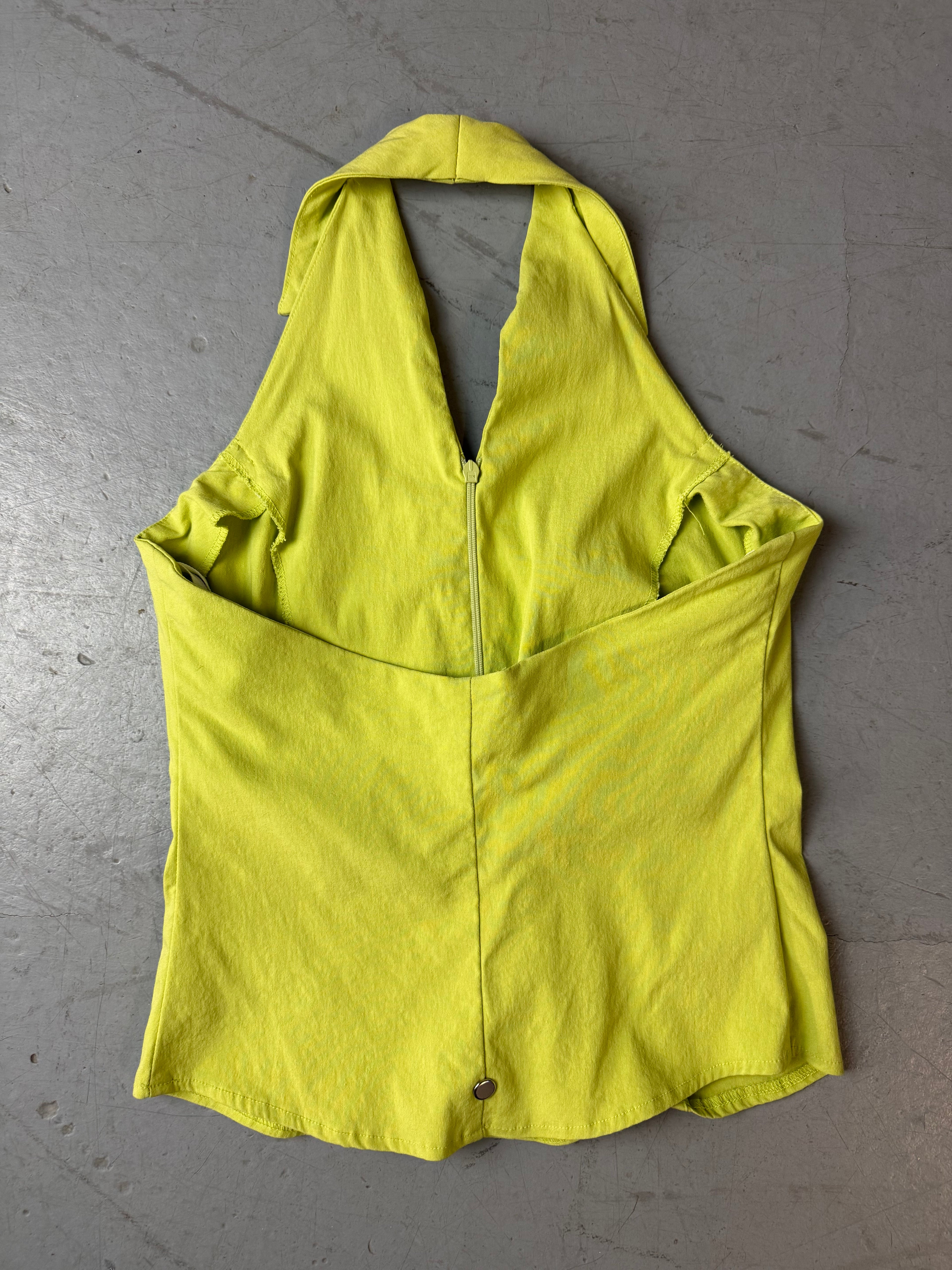 Vintage Lime Green Halter Neck Top mit Zip für Damen. Y2K Second Hand 2000s Fashion
