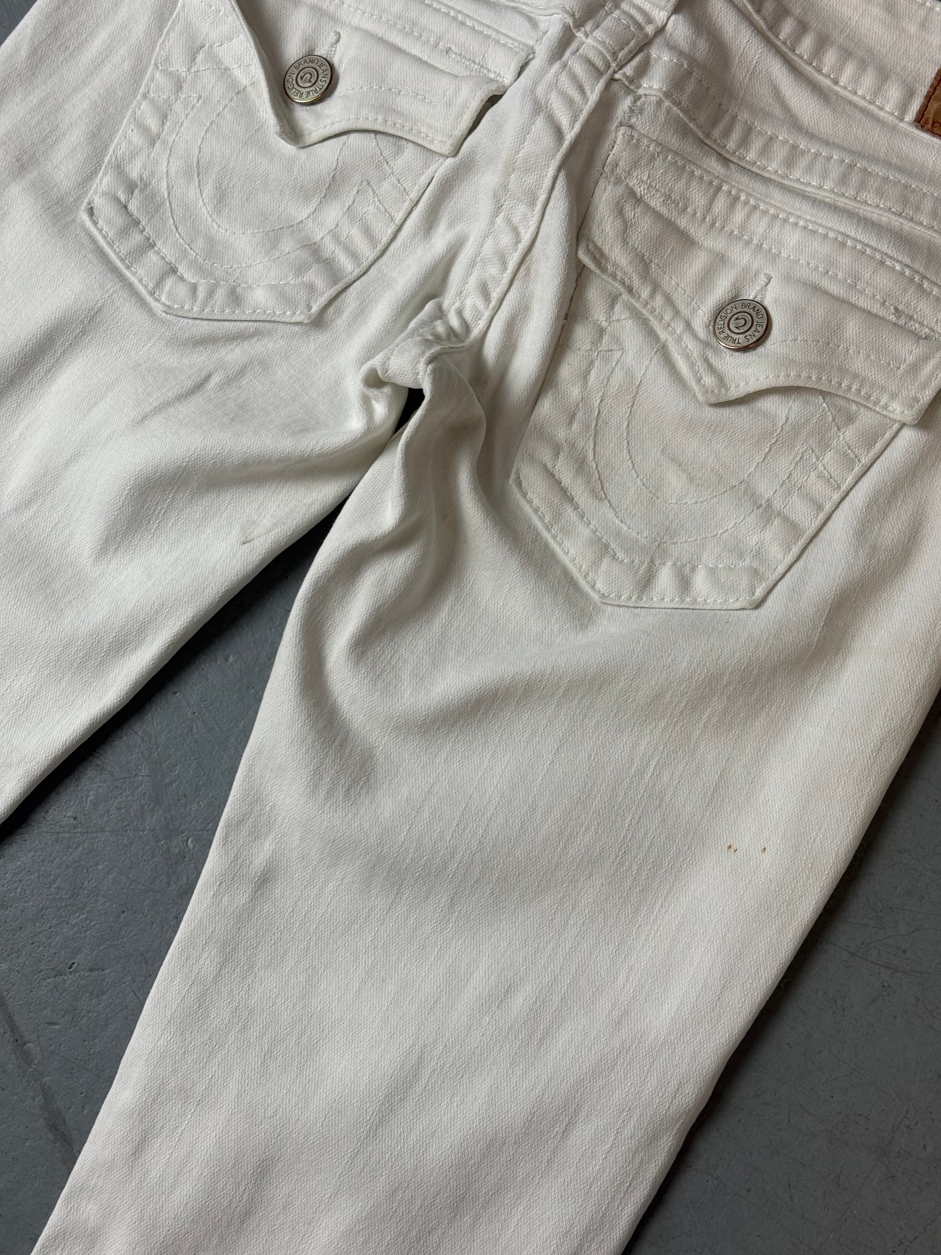 Vintage True Religion White Low Waist Bootcut Jeans für Damen. Y2K Second Hand 2000s Fashion