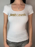 Vintage Just Cavalli White T-Shirt with Gold Glitter Logo Print S