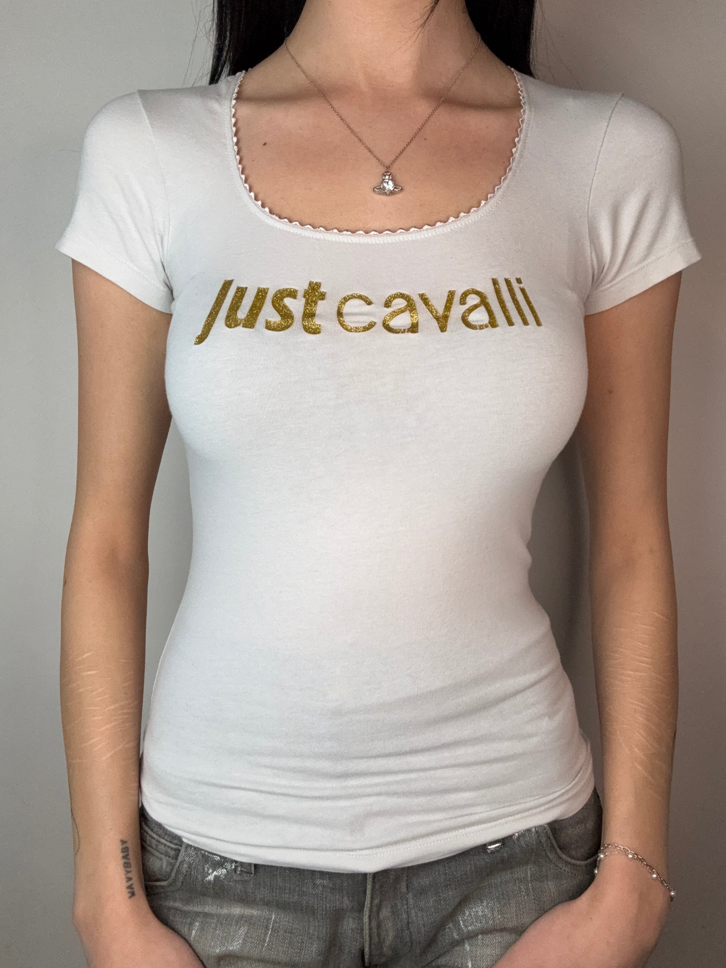 Vintage Just Cavalli White T-Shirt with Gold Glitter Logo Print S