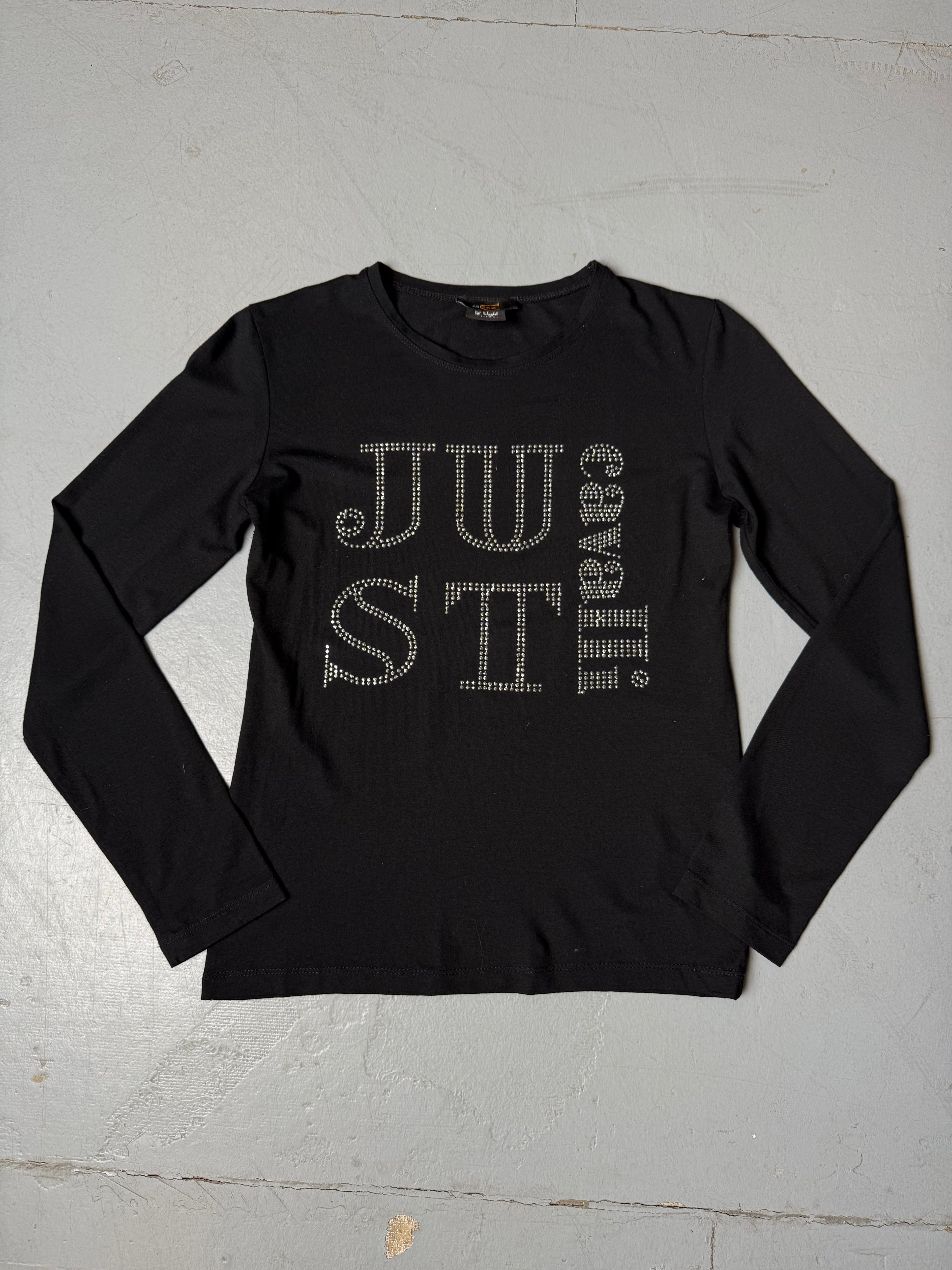 Vintage Just Cavalli Black Rhinestone Longsleeve für Damen. Y2K Second Hand 2000s Fashion