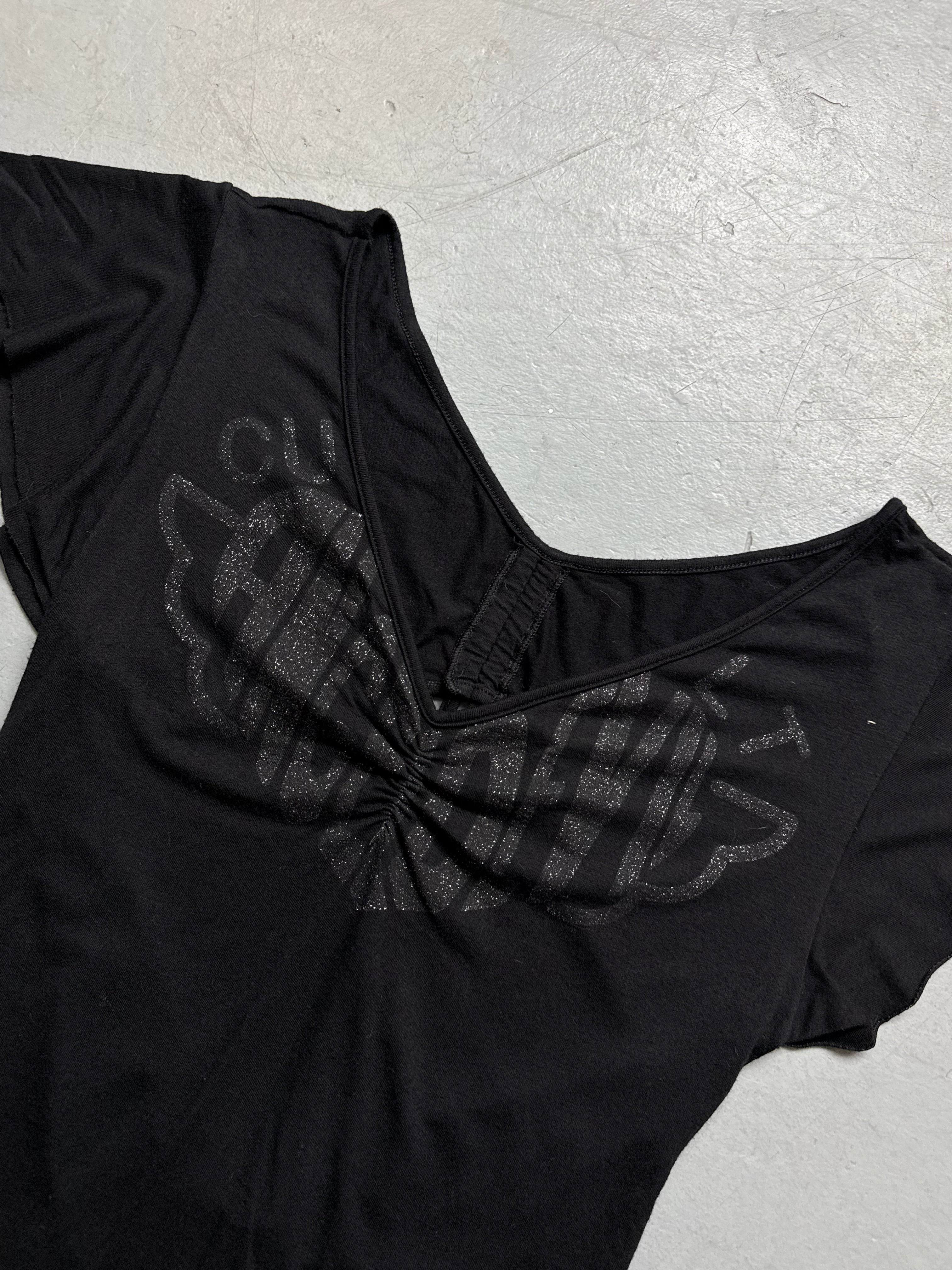 Vintage Black V-Neck Glitter Top for women. Y2K Second Hand 2000s Fashion.