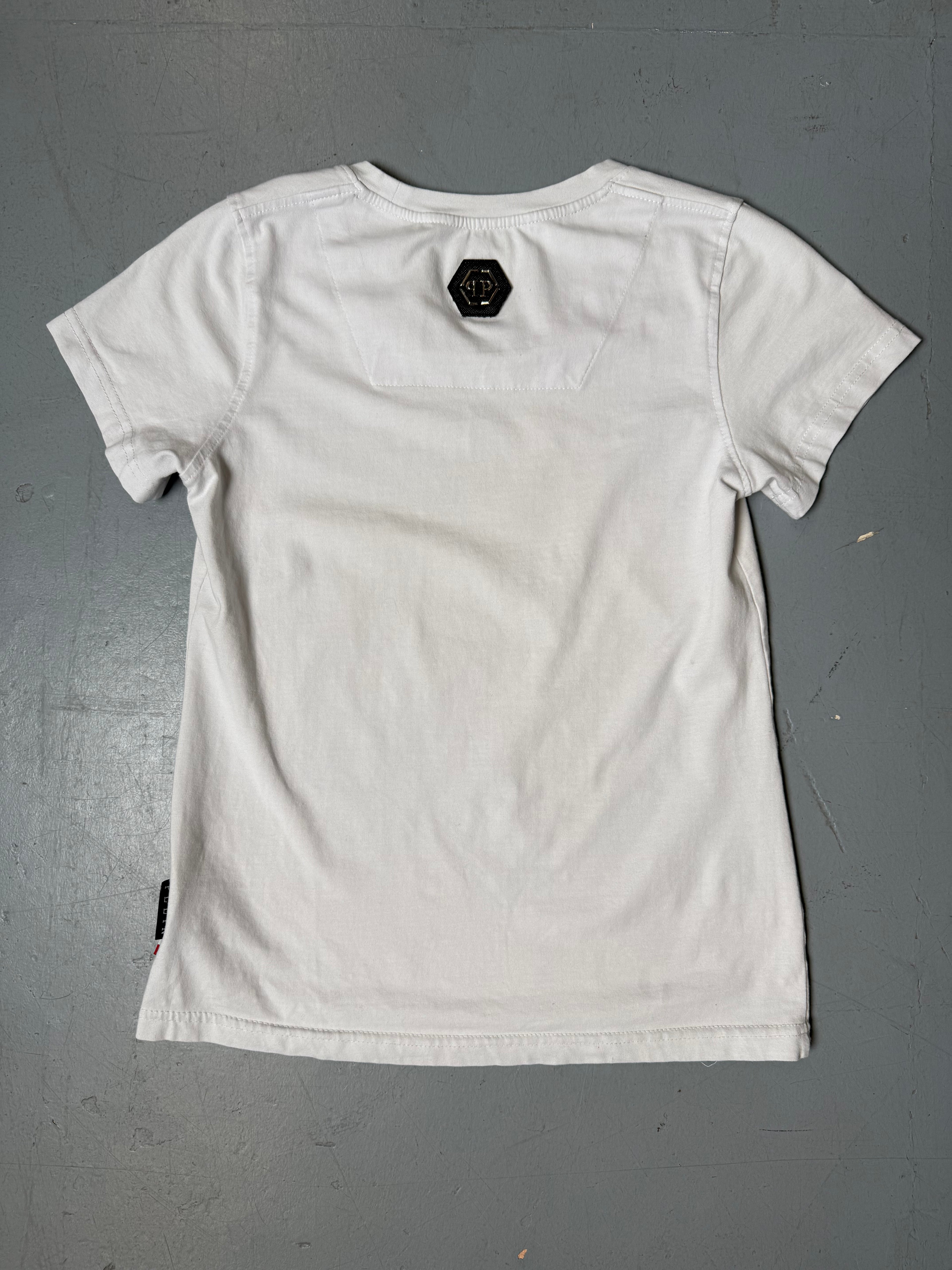 Vintage Philipp Plein Rhinestone Print T-Shirt für Damen. Y2K Secondhand 2000s Fashion.