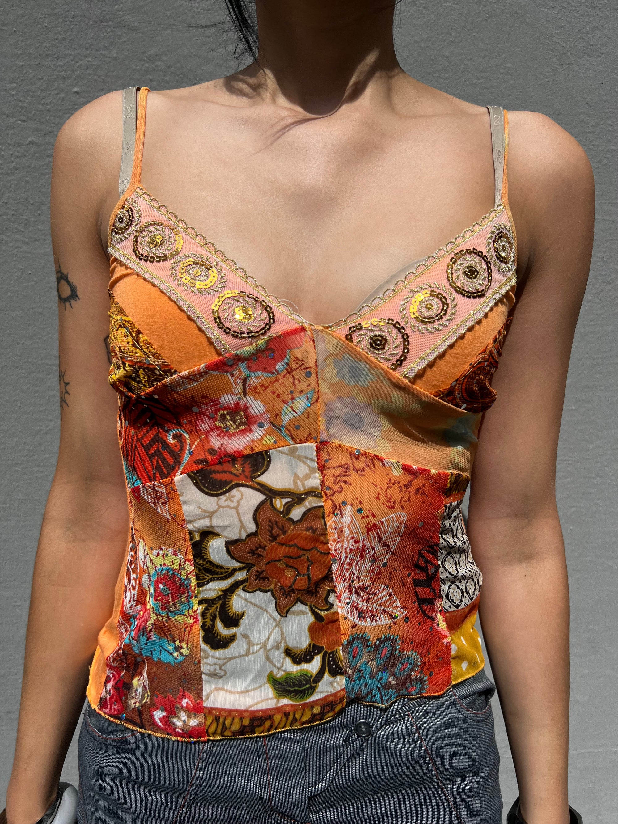 Vintage Orange Glittery Mesh Top S