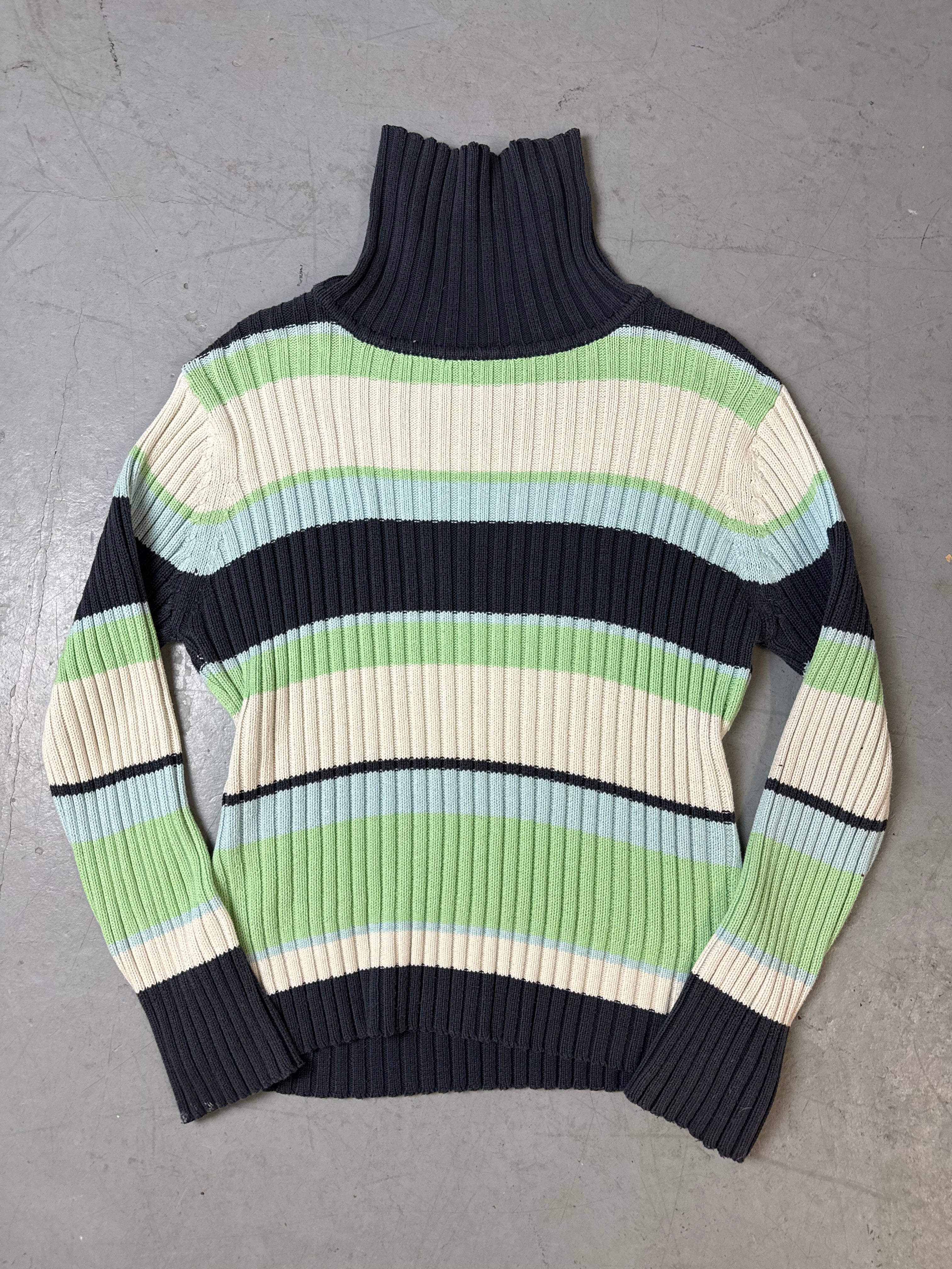 Vintage Blue and Green Striped Turtleneck Knit Sweater L
