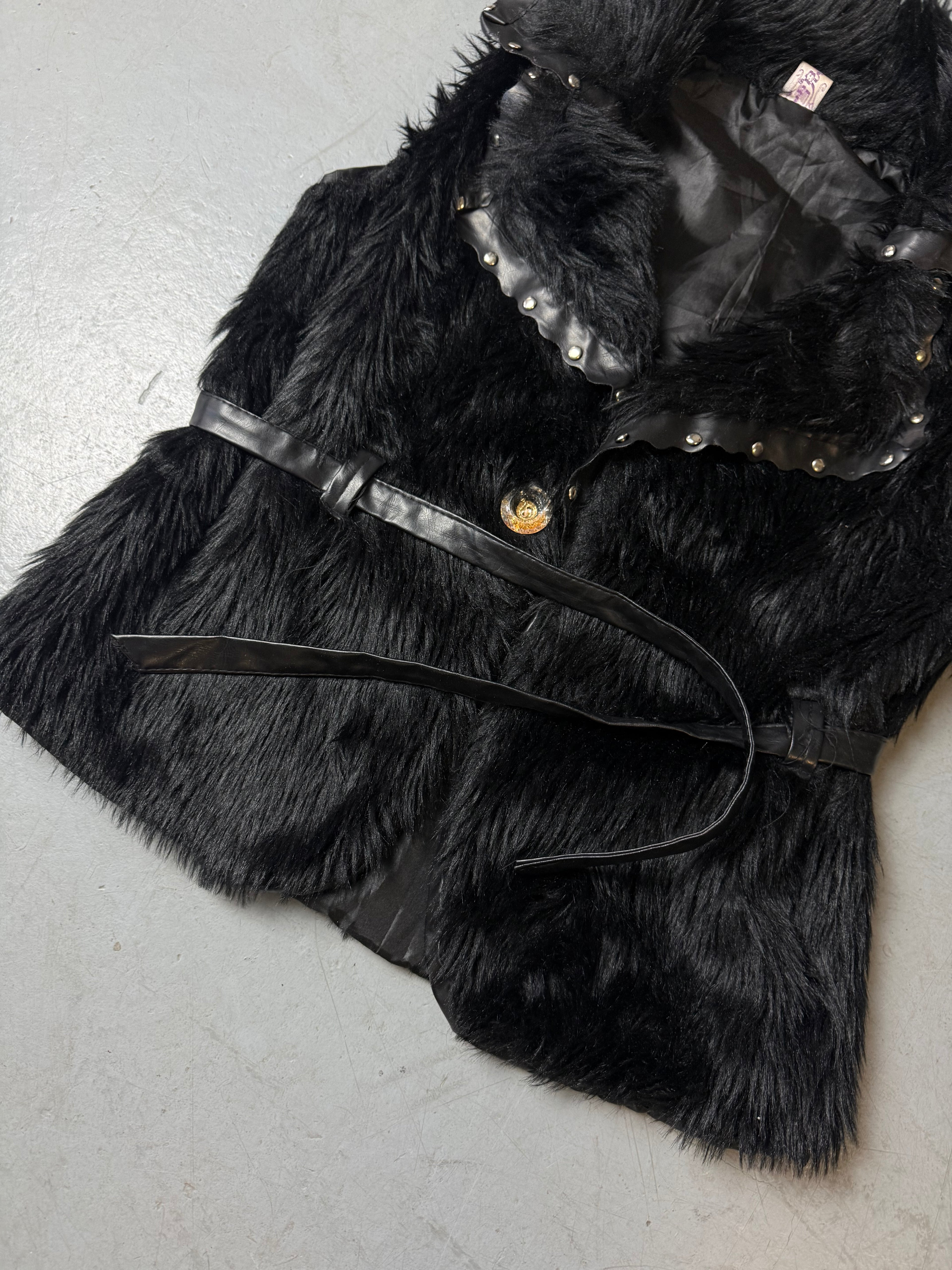 Vintage Black Faux Fur Vest with Belt S/M