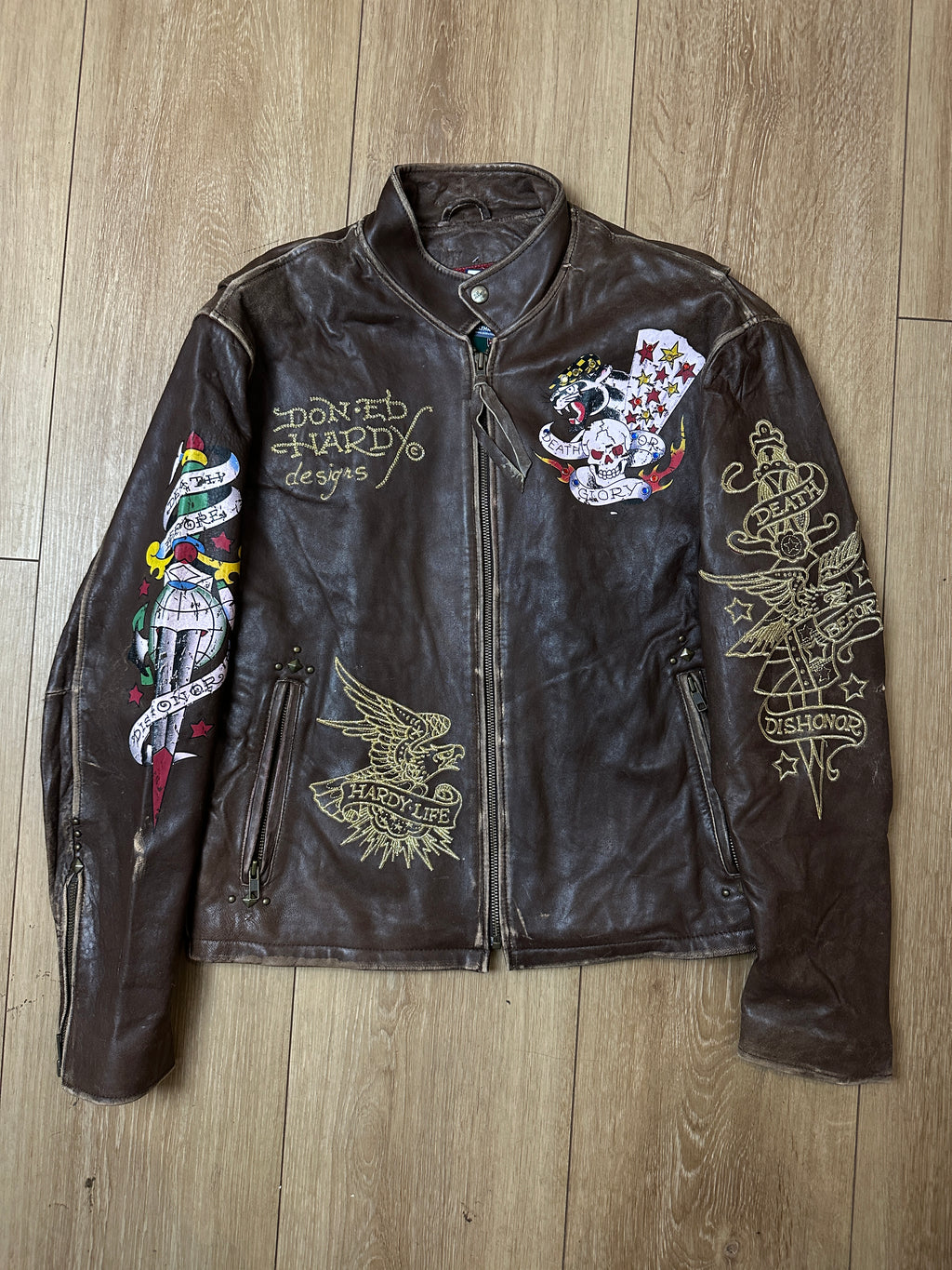 Produktbild Vintage Ed Hardy Brown Leather Jacket von vorne 