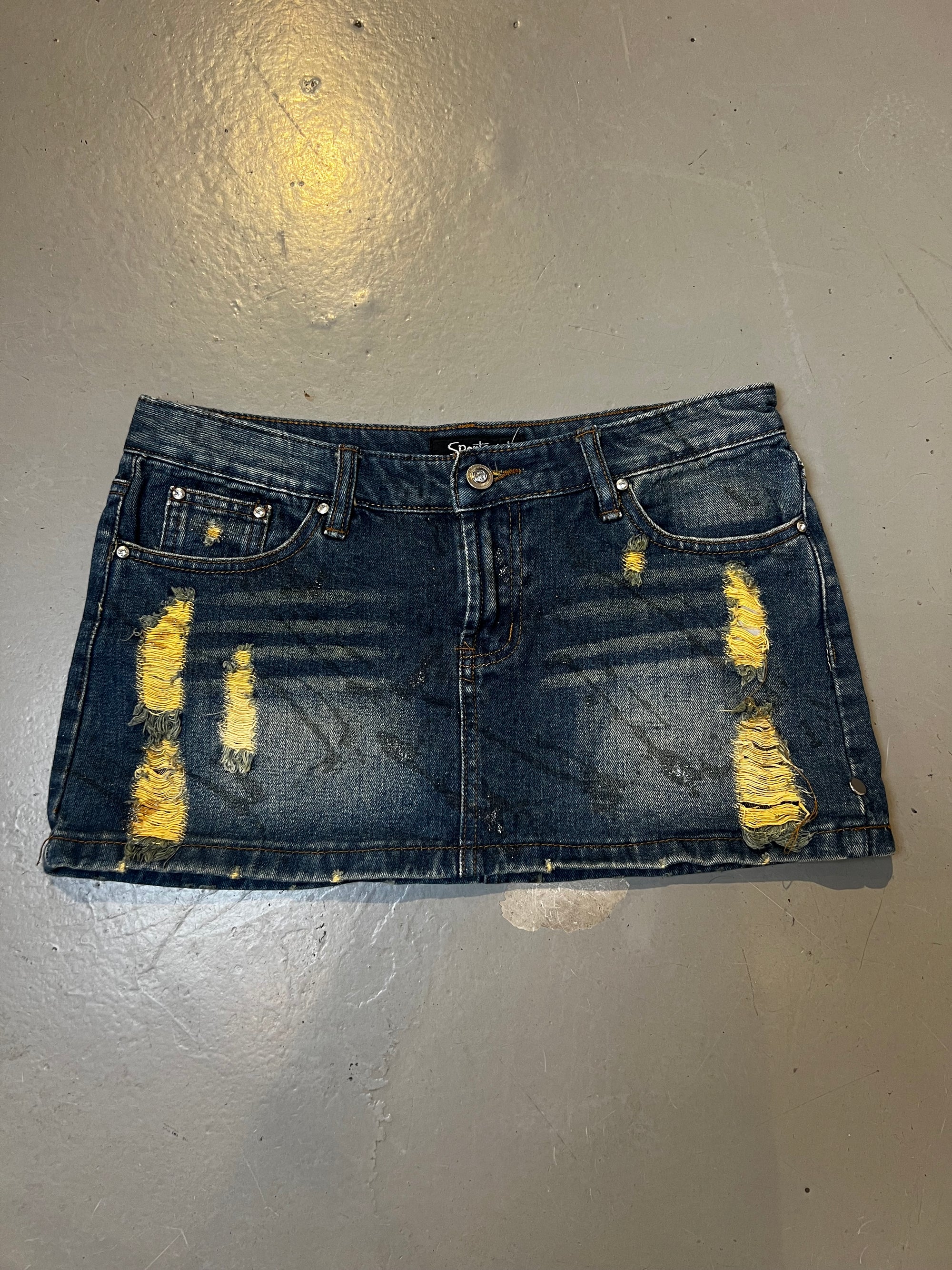 Vintage Y2K Blue Denim Mini Skirt with Gold Details S