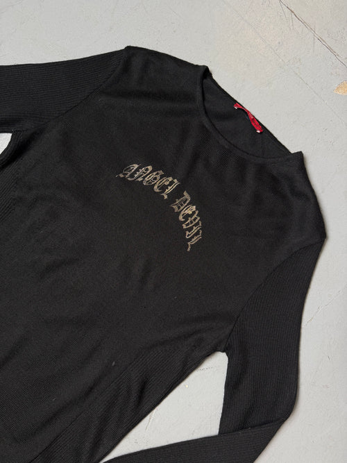 Vintage Angel Devil Black Sweater with Gold Details für Damen. Y2K Secondhand 2000s Fashion.