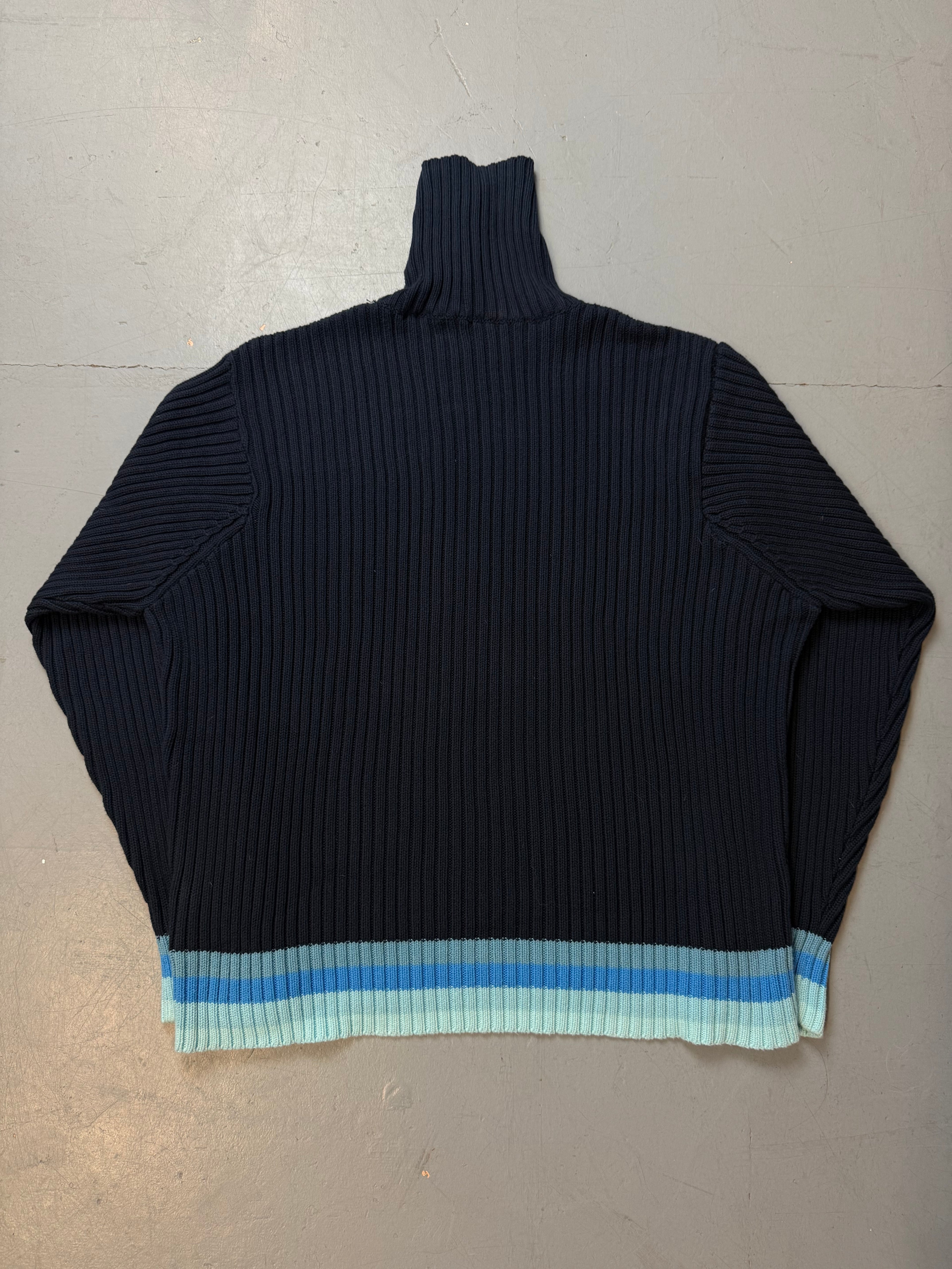 Vintage Adidas Dark Blue Knit Sweater 2005 mit hellblauen Details für Herren. Y2K Second Hand 2000s Fashion