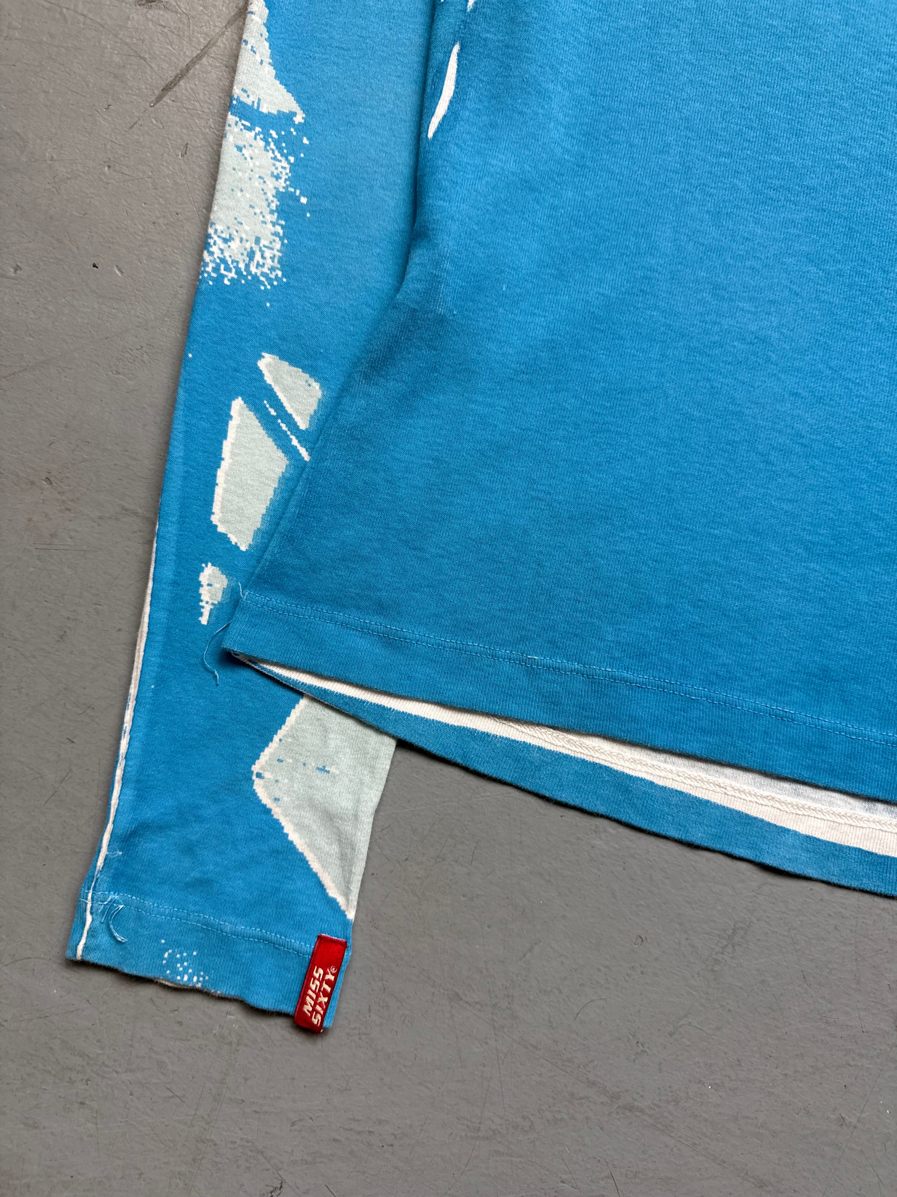 Vintage Miss Sixty Printed Longsleeve mit blauen Details für Damen. Y2K Second Hand 2000s Fashion