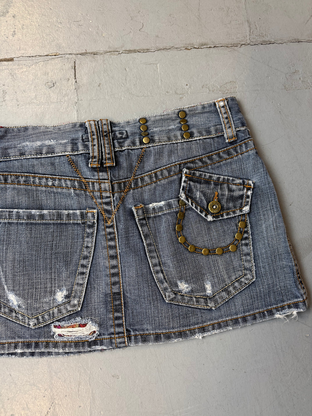 Vintage Denim Mini Skirt with Gold Studs S