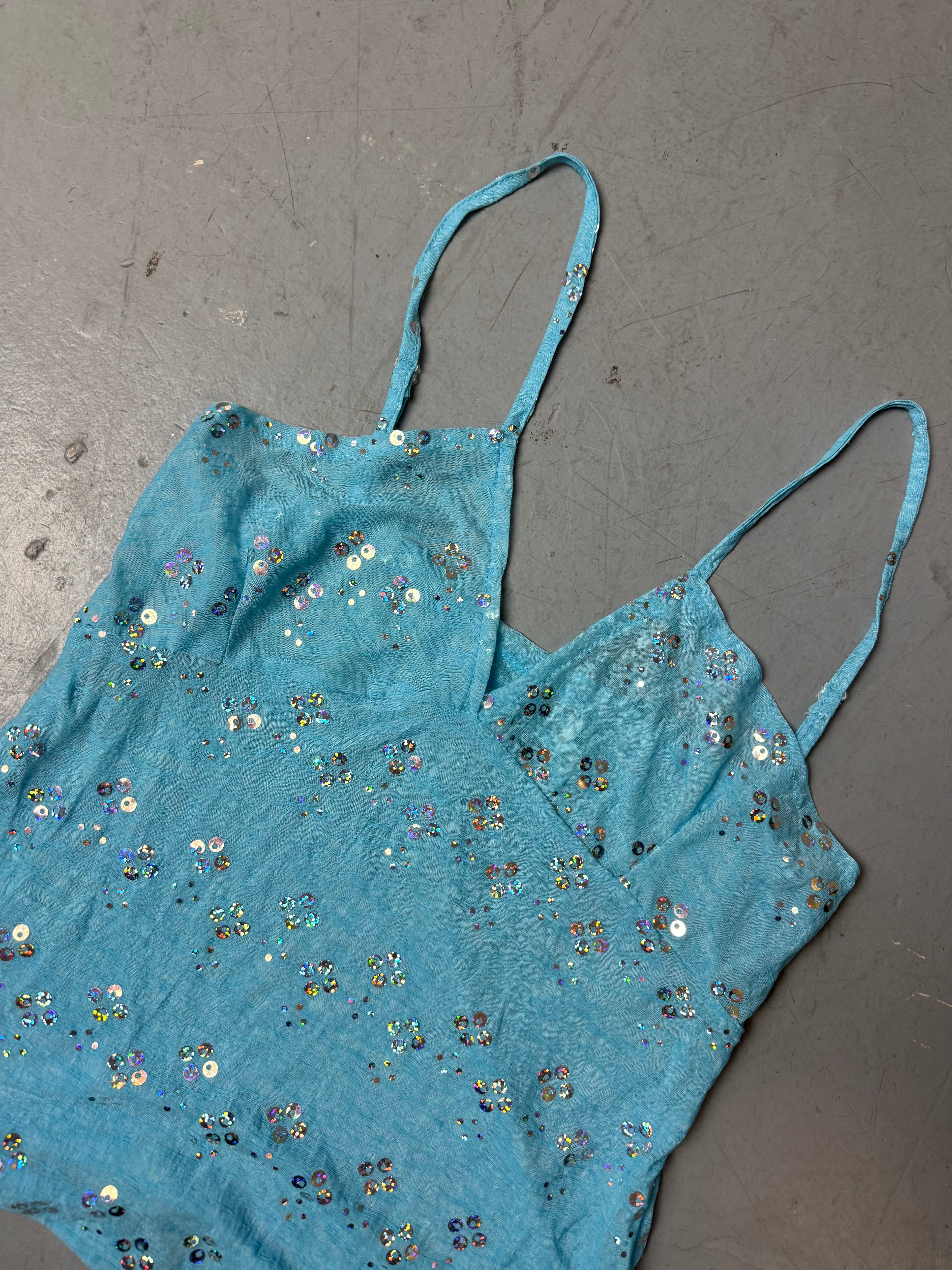 Vintage Blue Glitter Mesh Top S