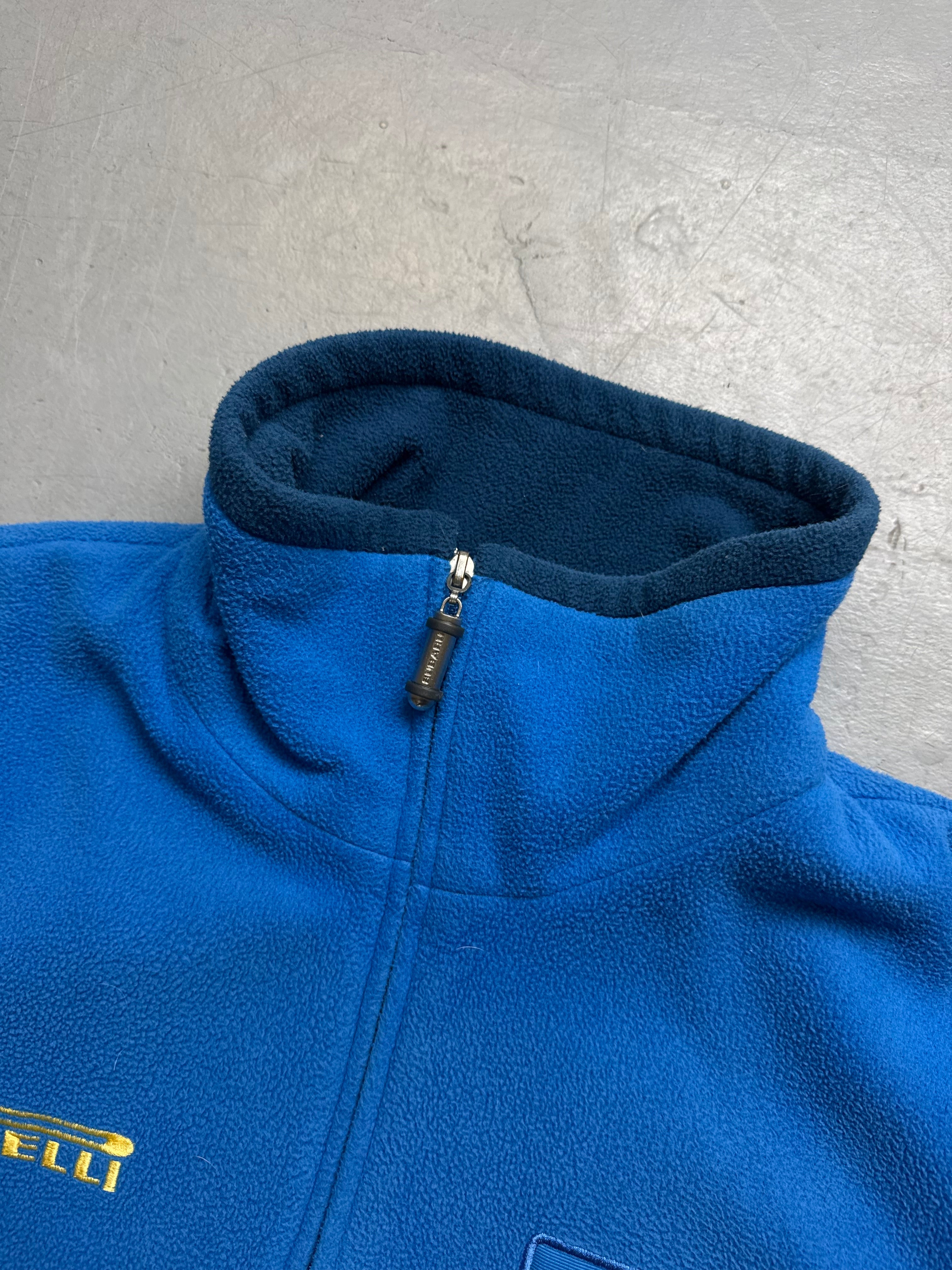Vintage Subaru Pirelli Blue Fleece Sweater with nice details for boys. Y2K Second Hand 2000s Fashion 
