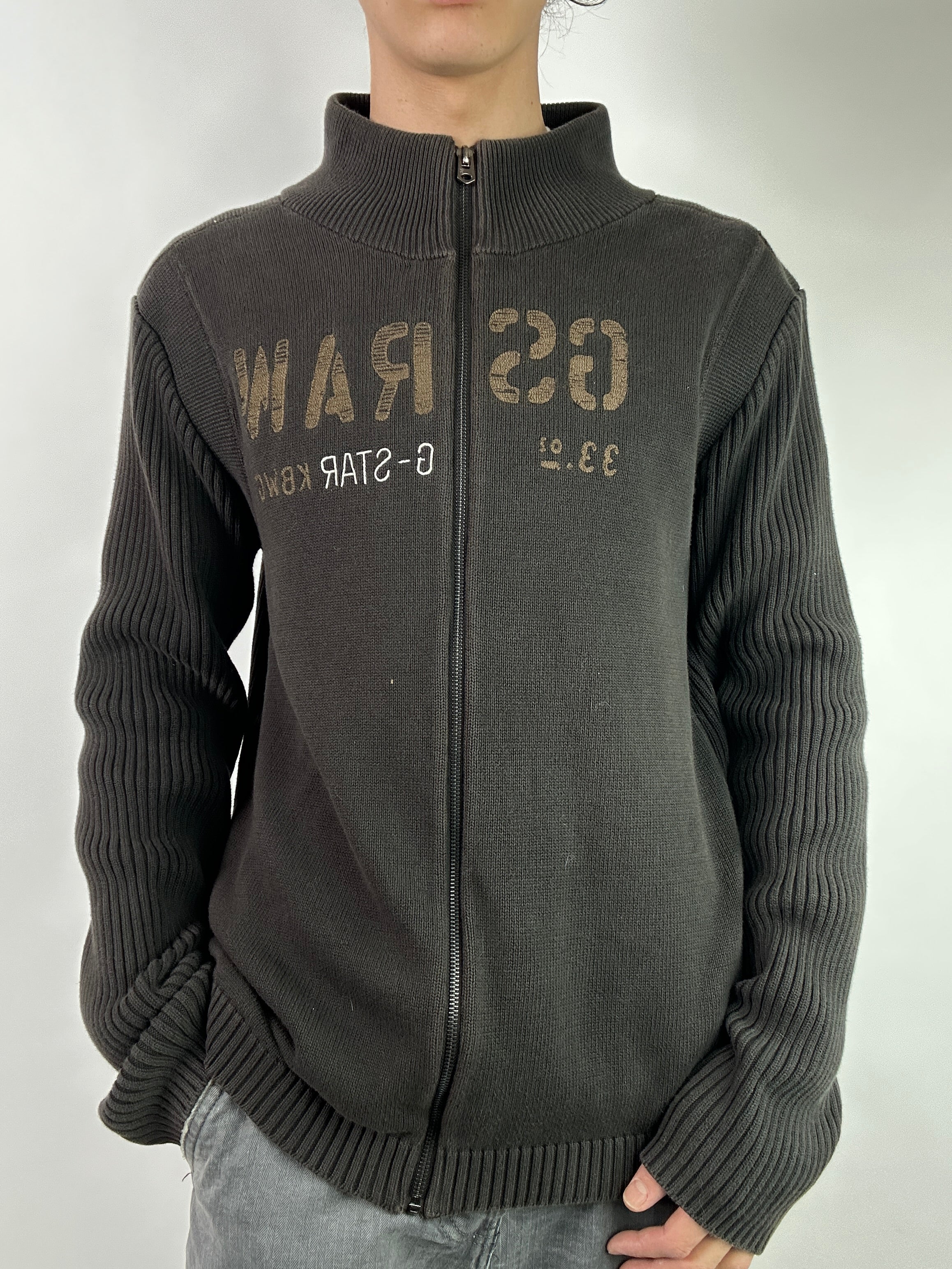 Vintage G-Star Brown Knit Zip Up Sweater XL