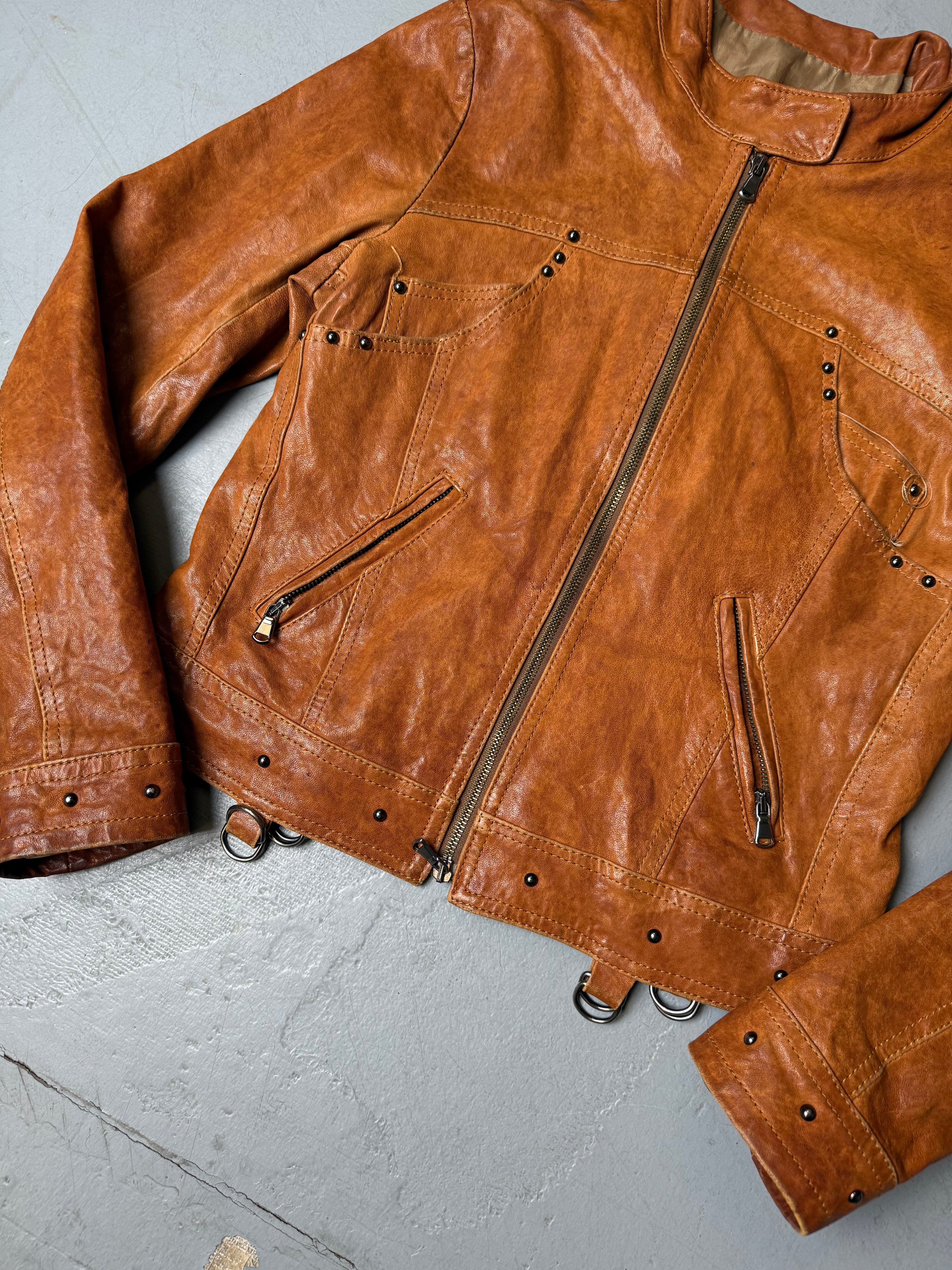 Vintage Blu Gaya Brown Leather Jacket Damen. Y2K Secondhand 2000s Fashion.