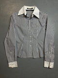 Vintage White and Blue Striped Button Up Blouse für Frauen. Y2K Second Hand 2000s Fashion