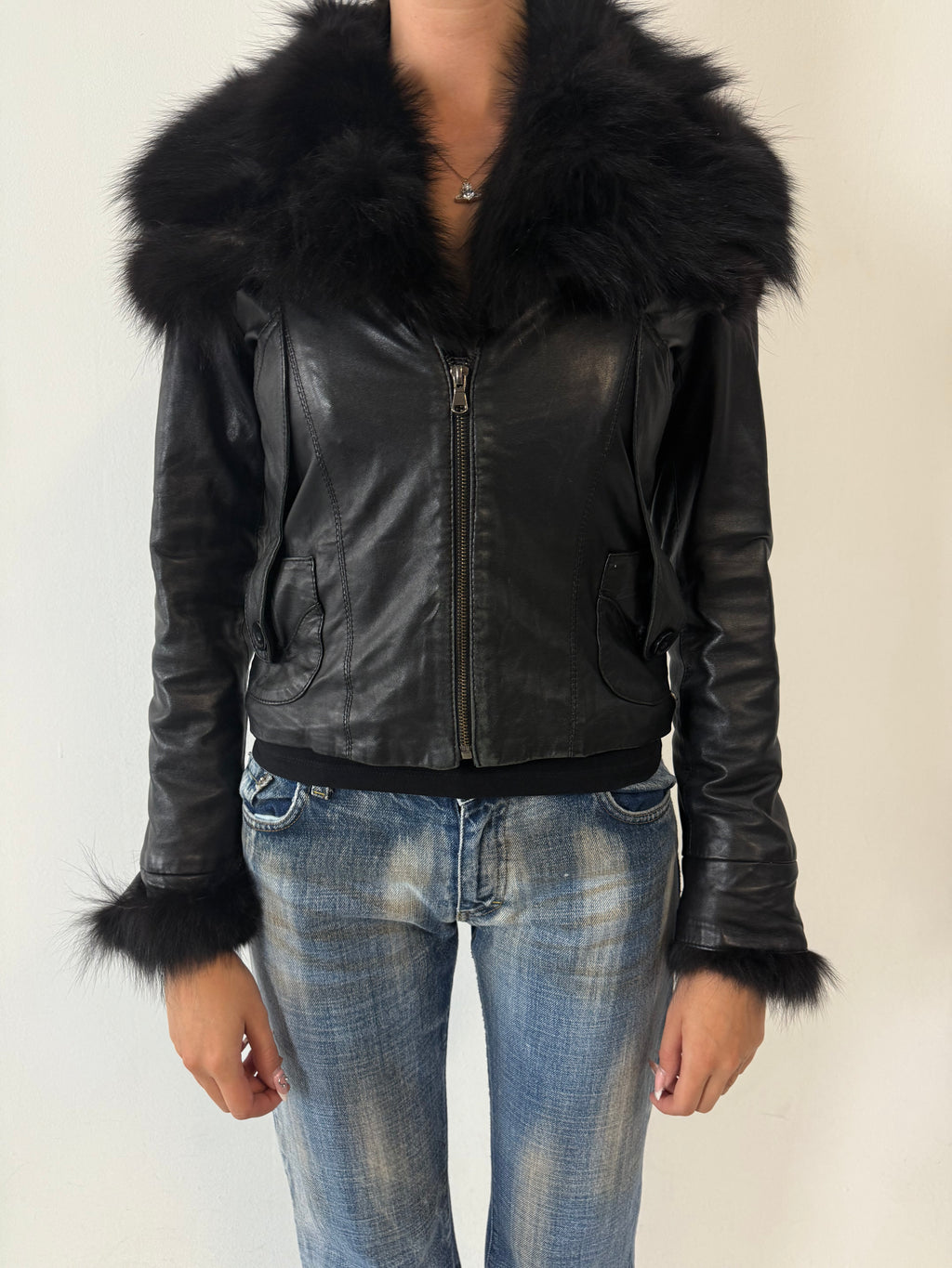 Vintage Black Leather Jacket With Faux Fur S