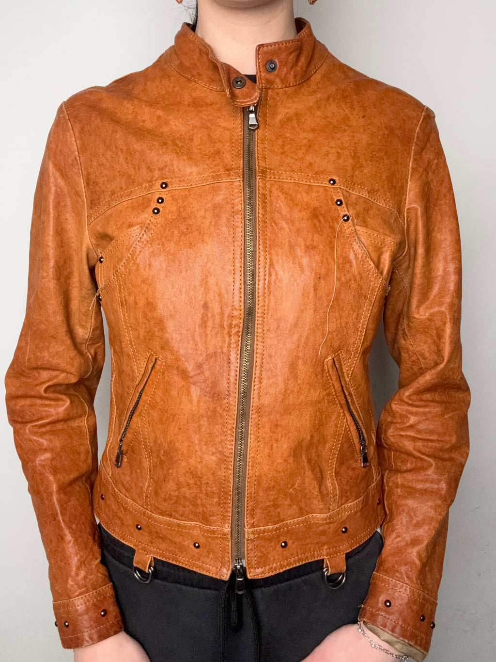 Vintage Blu Gaya Brown Leather Jacket Damen. Y2K Secondhand 2000s Fashion.