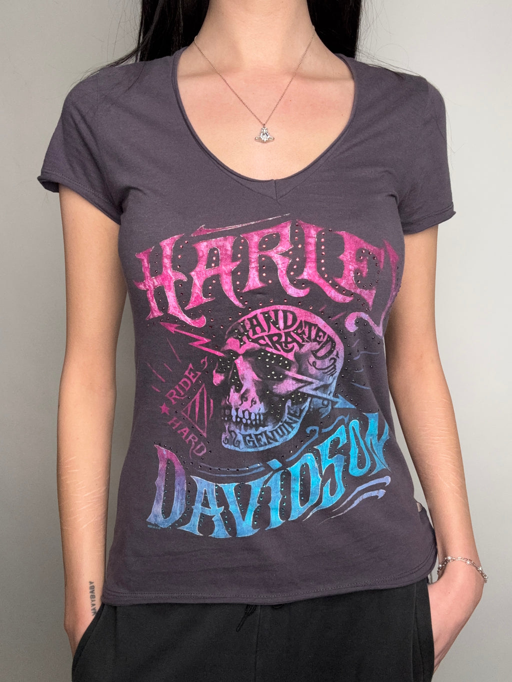 Vintage Harley Davidson Grey T-Shirt with Rhinestones S